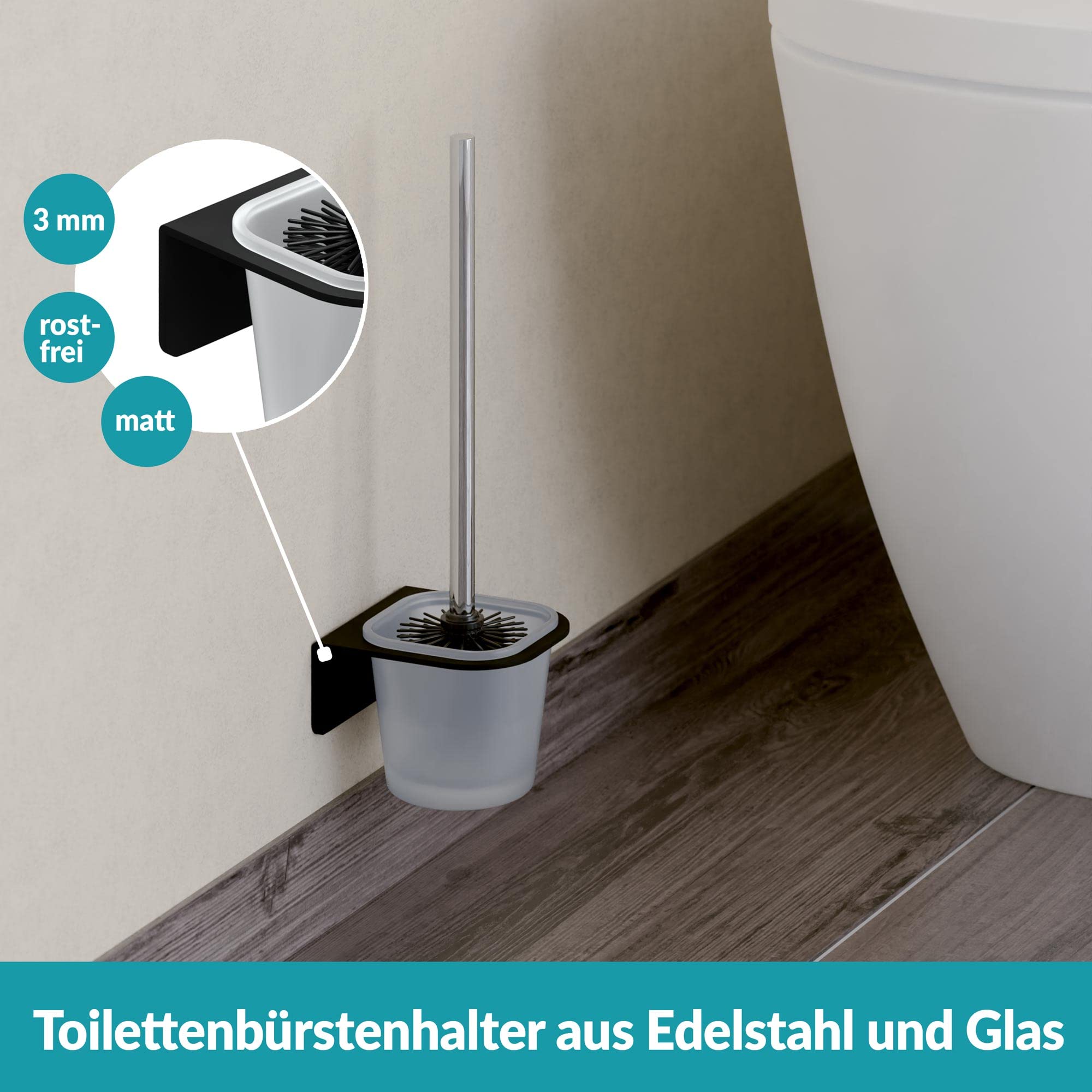 WEISSENSTEIN Toilettenbürstenhalter Set zur Wandmontage ohne Bohren - WC-Garnitur Set mit Bürste, Bürstenhalter aus Glas, schwarzer Edelstahl Halterung zum Kleben