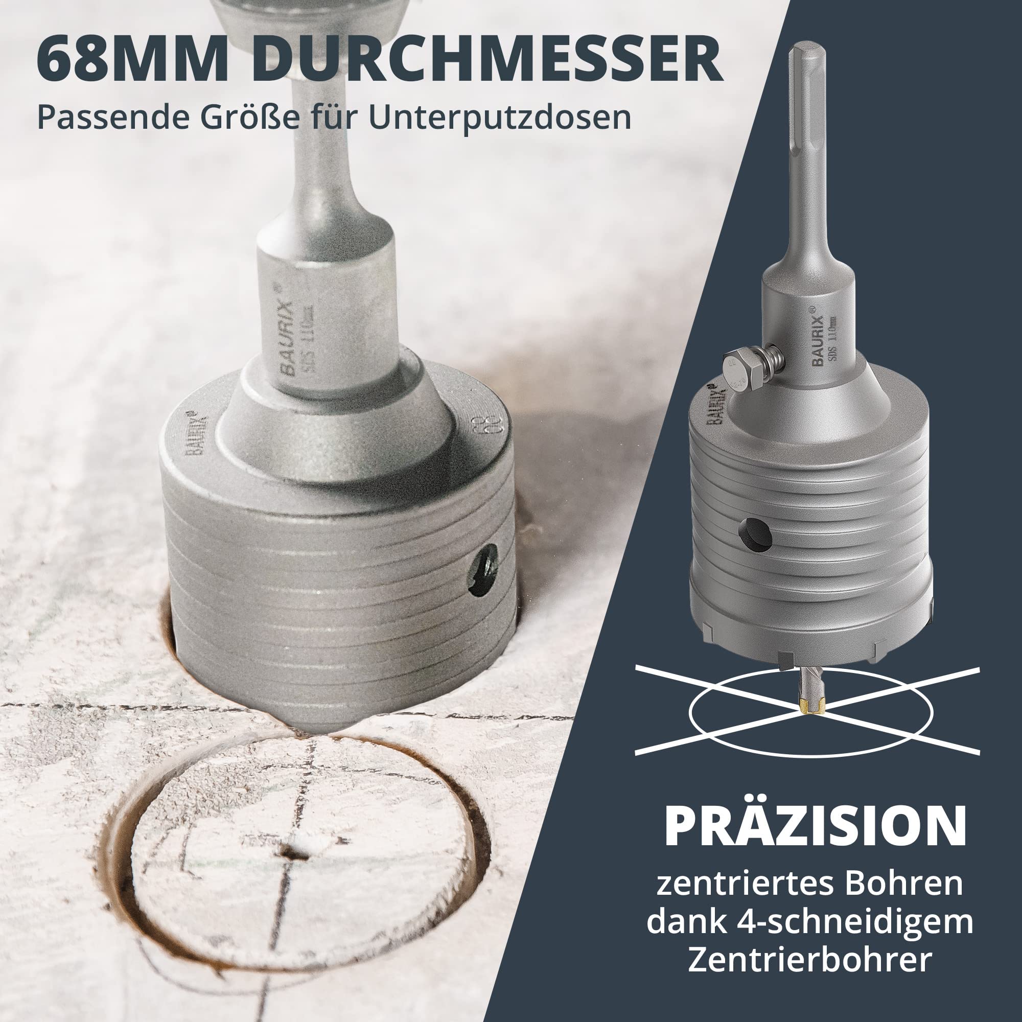 BAURIX® Hohl-Bohrkrone 68mm SDS Plus [8 Karbid-Zähne] I Dosensenker Hammerschlagfest I Für Unterputzdosen, Steckdosen I Mauerwerk, Stein, Beton, Trockenbau, Ytong I Steckdosenbohrer, Kronenbohrer