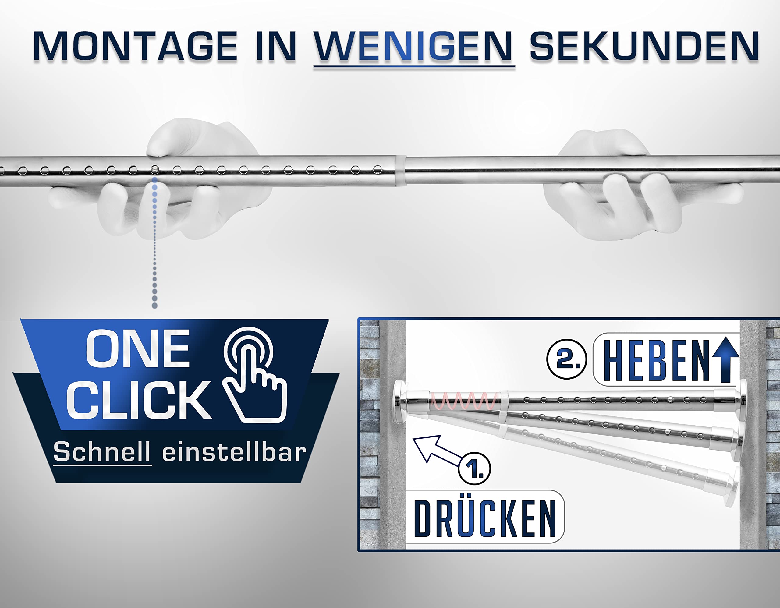 MEISENBERG Rostfreie Teleskopstange ohne Bohren 260-310cm, Ø25mm Weiß Multifunktionale Gardinenstange Klemmbar - Vorhangstange, Spannstange Ausziehbar - für ihre Gardinen, Trennwand und Balkon