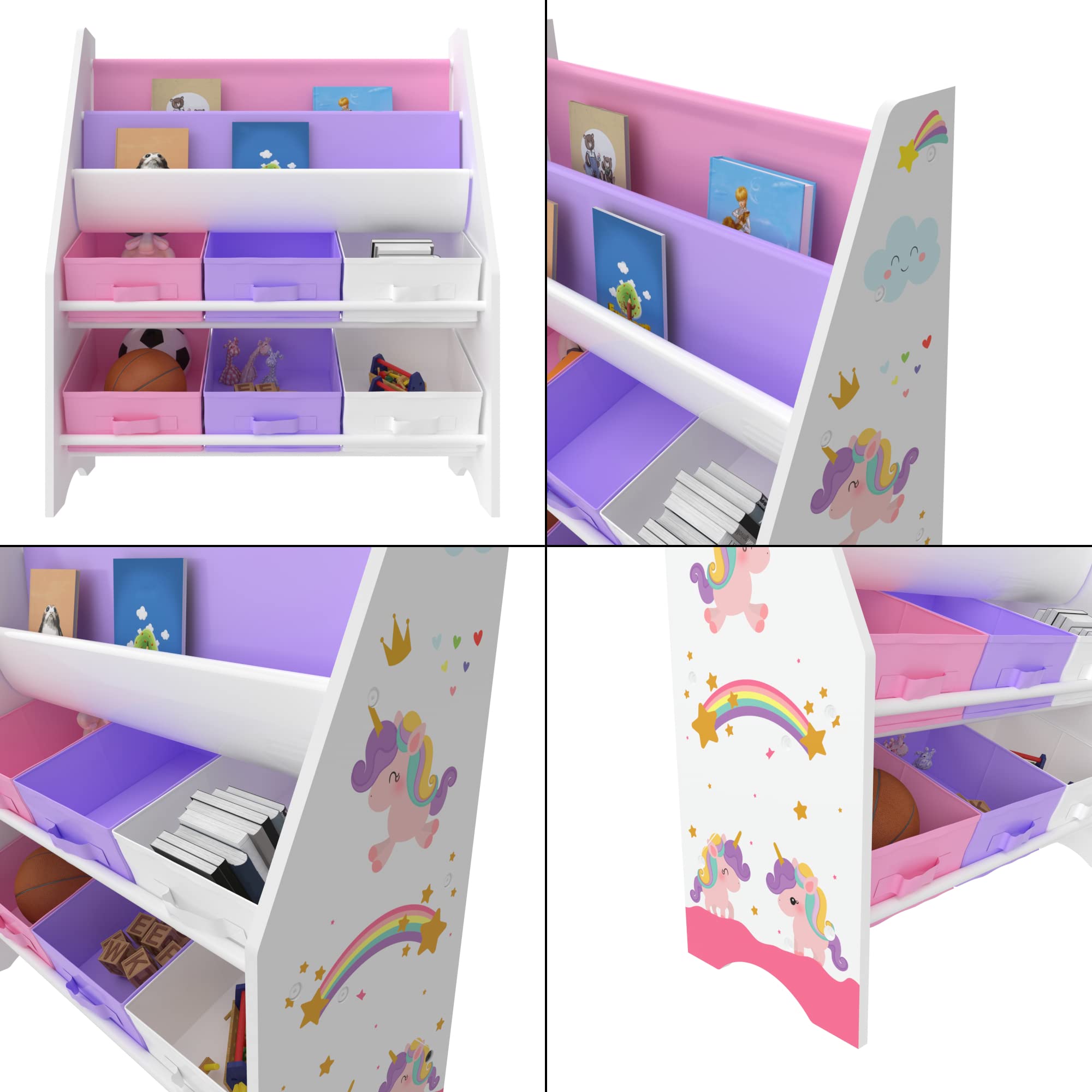 [en.casa] Kinderregal Ponteceso Bücherregal mit 2 Ablagefächern Spielzeugregal 6 Boxen Bücherkiste mit Einhorn-Motiv Weiß Lila Rosa Kinderzimmer Organizer