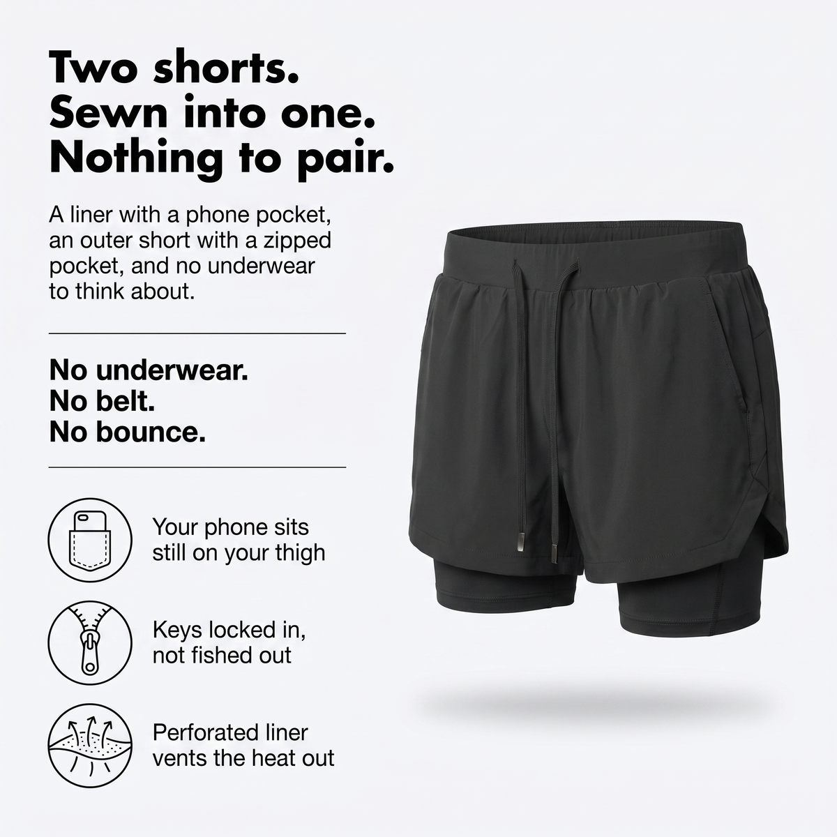 Herren Laufshorts 2-in-1 – mit Innenslip, Handytasche und Reißverschluss