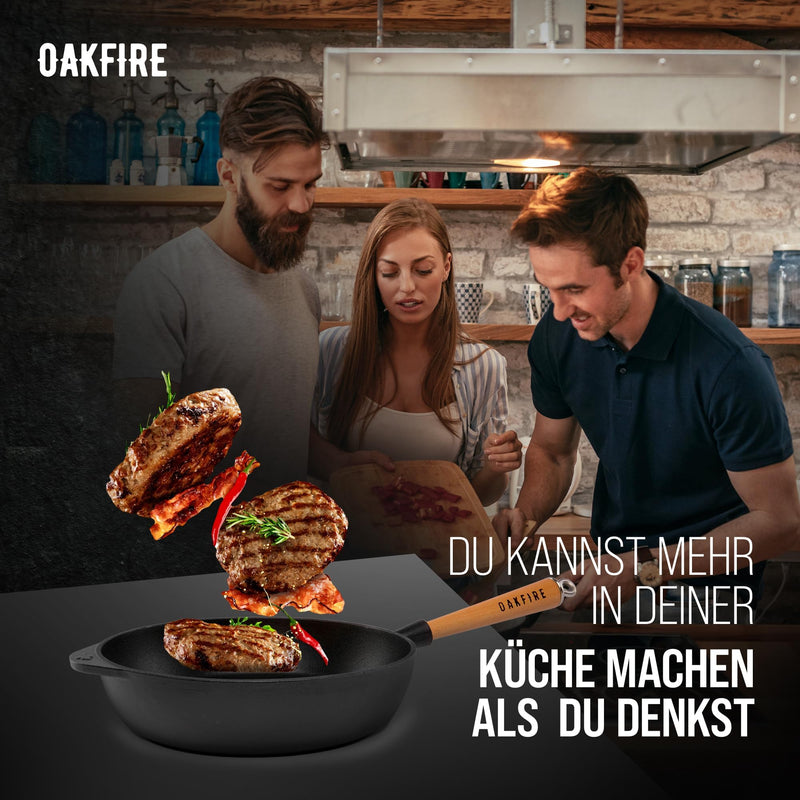 Oakfire Gusseisen Pfanne Schmorpfanne Bratpfanne emailliert 28cm Induktion Gusseisern mit Non-Stick Patina, Emaille… (Schwarz, Bratpfanne)