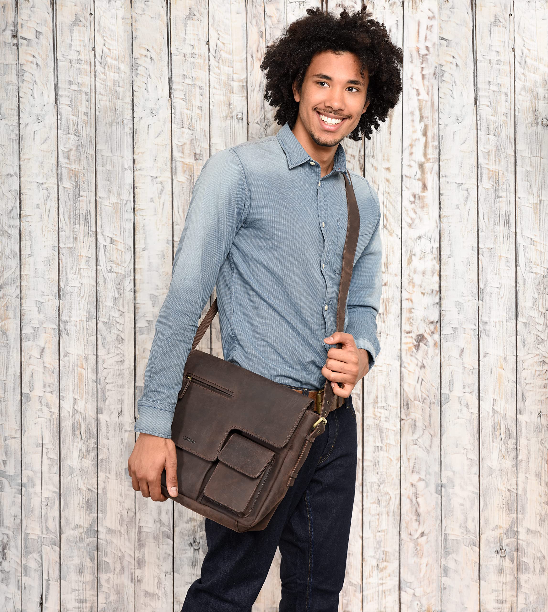 LEABAGS Leder Umhängetasche Herren & Damen I Echtleder Laptoptasche bis 13 Zoll I Messenger Bag mit Schultergurt I Schultertasche I Arbeitstasche I Tragetasche I Handtasche I Nature Dunkelbraun