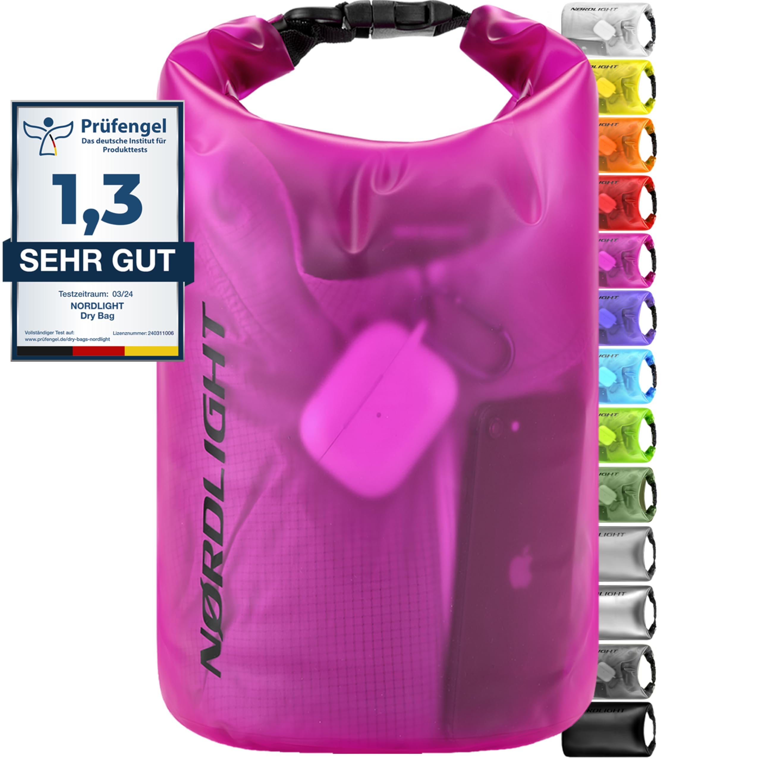 Nordlight Dry Bag 2L Wasserdichter Beutel - (Pink) Wasserdichter Packsack Mit Roll Top Verschluss Und Schultergurt | Schwimmen, Baden, Strand, Kanu, Stand Up Paddling, Tauchen