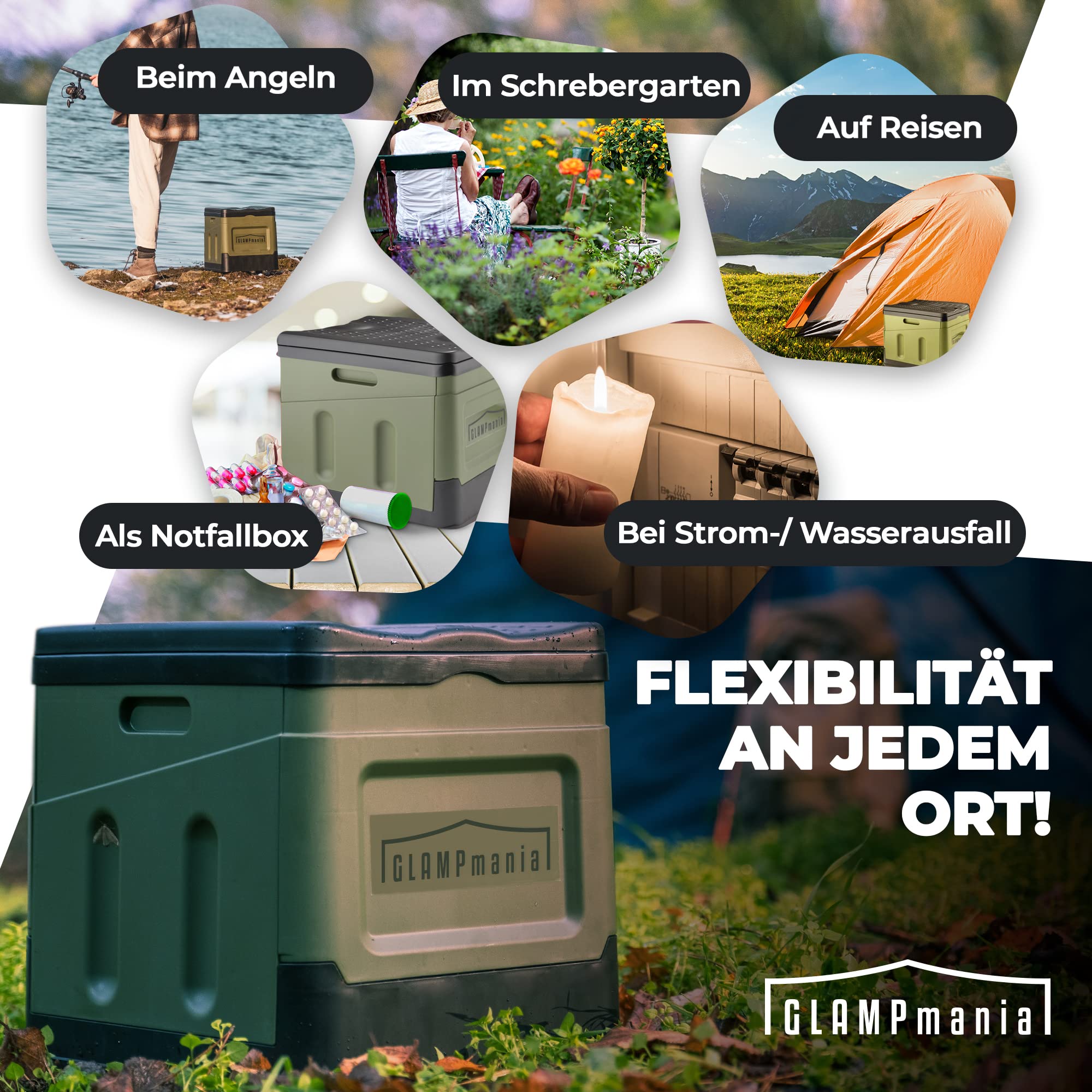 GLAMPmania Campingtoilette ohne Chemie [SEHR STABIL] für Tüten | Platzsparend, Flexibel und Clean | Die Mobile Toilette für Outdoor Camping, Festival, EDC, Zelten | Grün