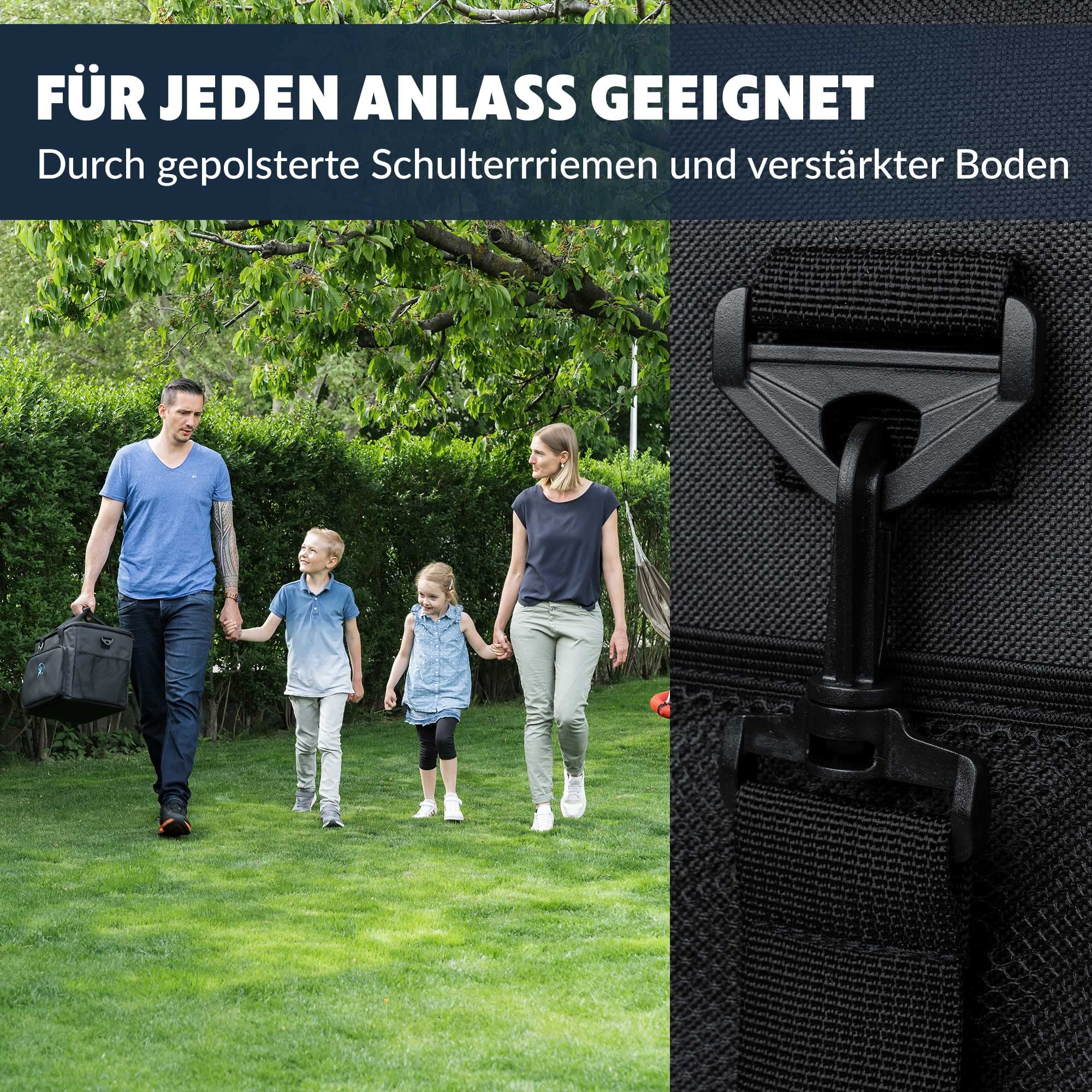 Obics Kühltasche Gross Kühlbox 30L Schwarz Thermotasche für Essen auf Arbeit - Isoliertasche für Herren & Damen - Cool bag meal prep groß unterwegs - Gefrier-Tasche faltbar mit Fächer für Auto, Strand