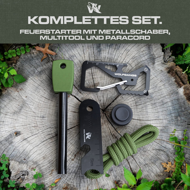 Wolfgangs Feuerstahl Outdoor (Grün) - Feuerstein Survival - Feuerstarter Set - Outdoor Feuerzeug - Feuersteine - Survival Feuerzeug - EIN MUSS für Jede Survival Ausrüstung