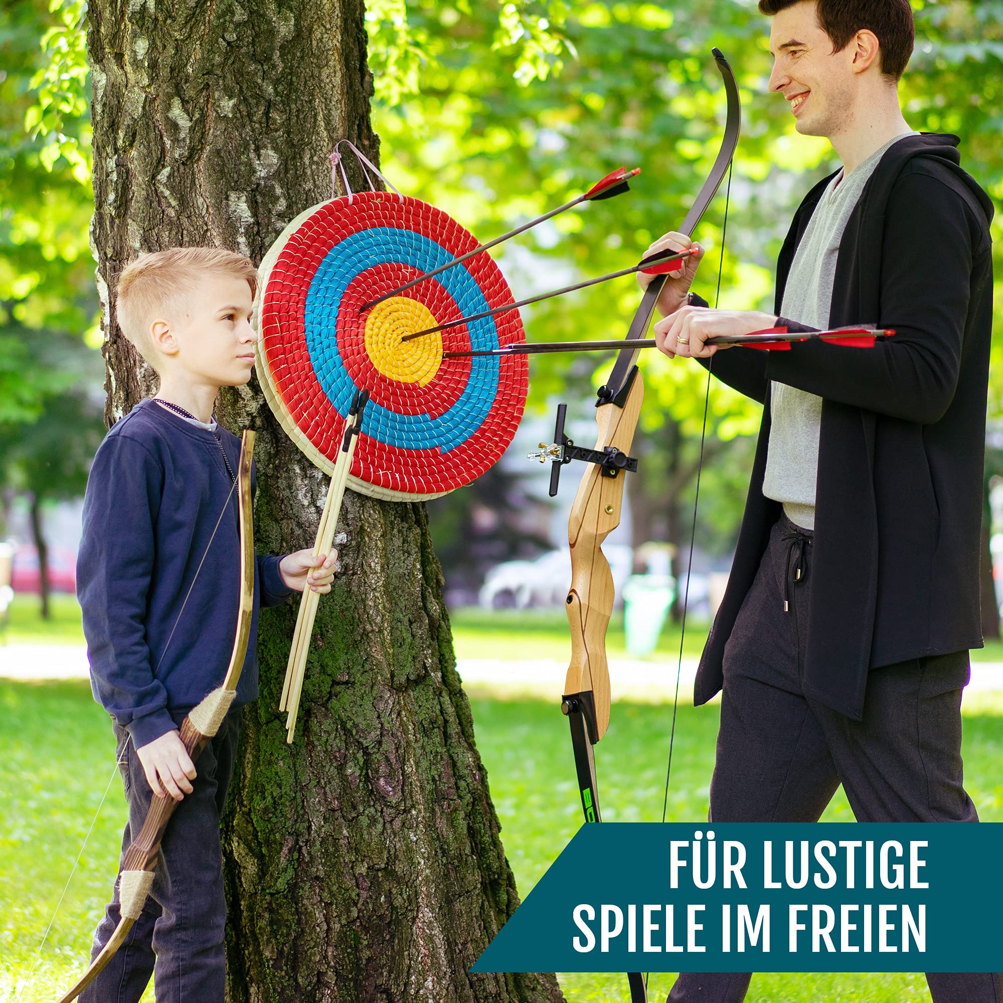 Bogenkönig Abenteuerfreude Holz Pfeil und Bogen Kinder ab 6 - Robuste Qualität für Langlebigkeit - 1er Set inkl. 10 Pfeile und 1 Köcher - Perfekt für Anfänger - Bogenschießen Kinder - Kinderbogen Set