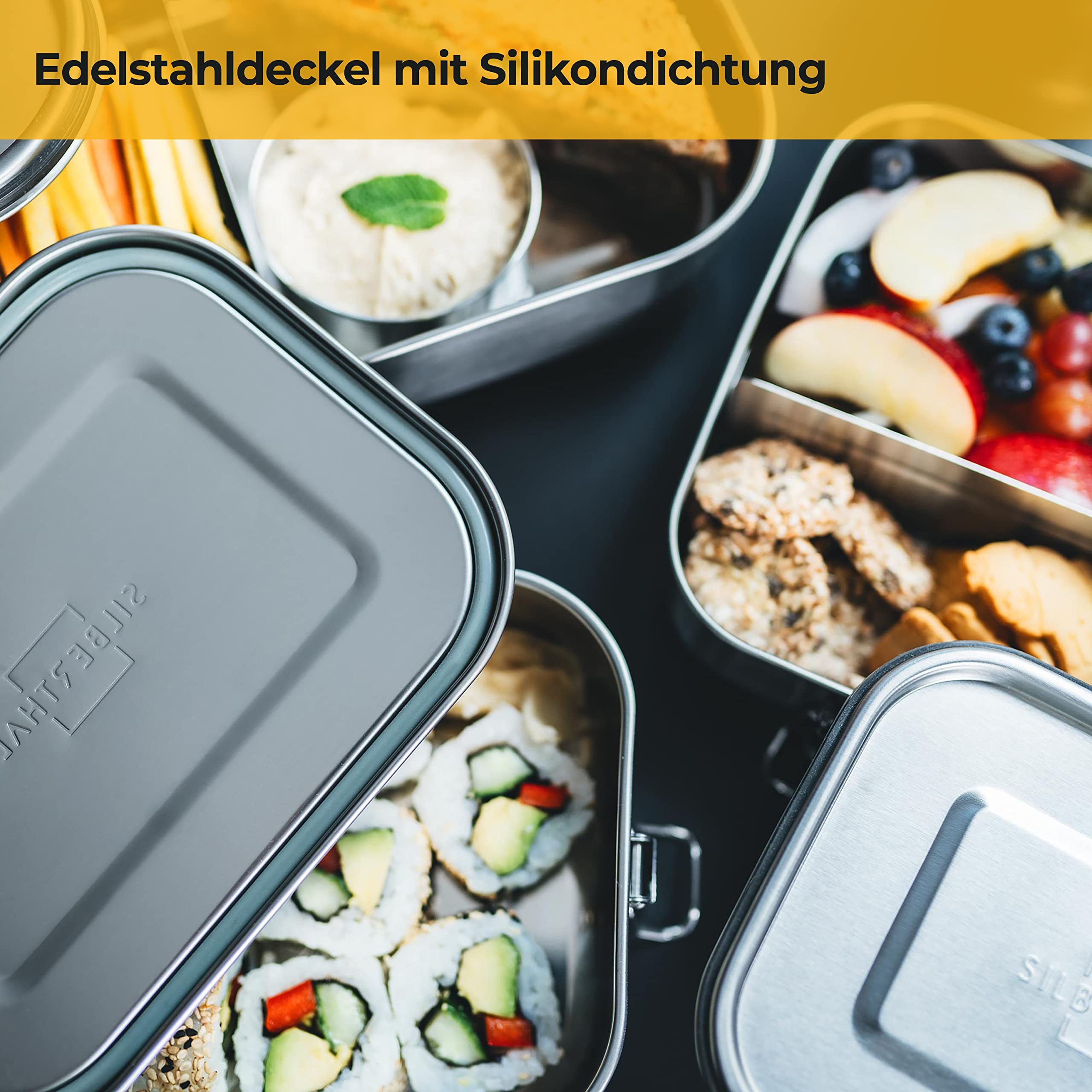 SILBERTHAL Brotdose Edelstahl mit Fächern – Große Lunchbox 1400ml für Erwachsene – Auslaufsicher – Mit Extra Behälter für Saucen und Dips