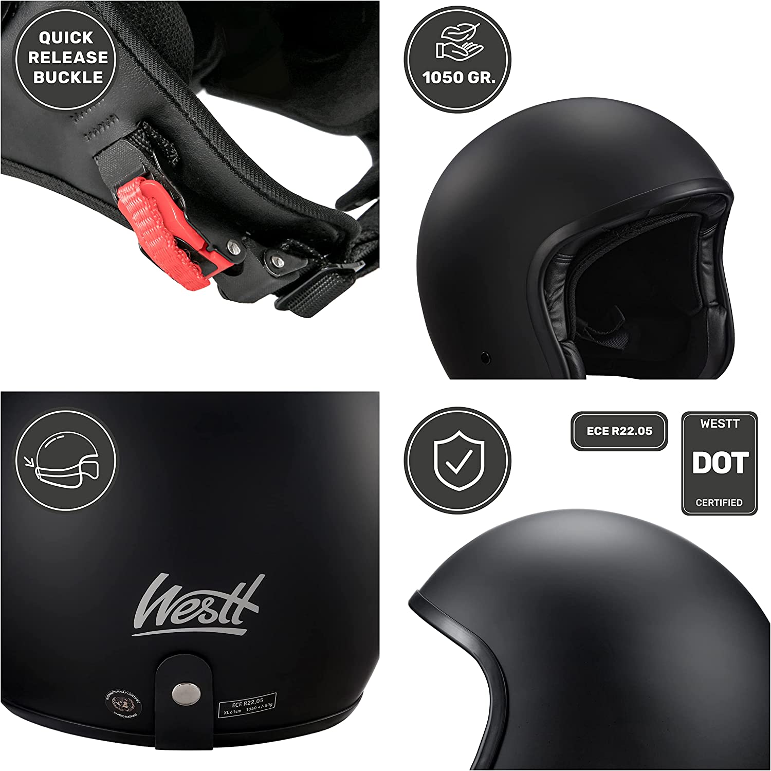 WESTT Vintage Jethelm I Vintage Motorradhelm I Retro-Jethelm in schwarz I Jethelm mit Visier I Roller Helme für Damen & Herren I stoßfester Motorradhelm I ECE Zertifiziert I Größe S (55-56cm)