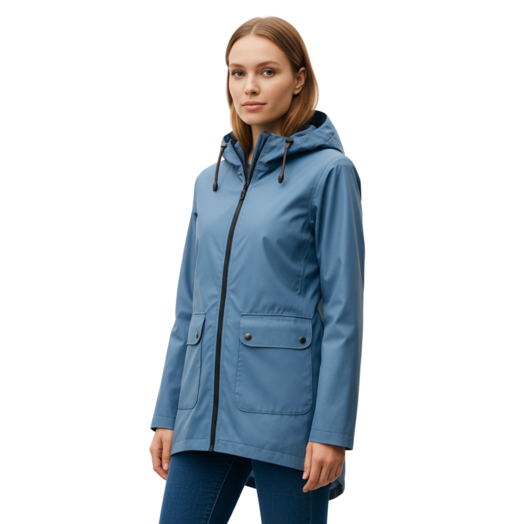 Damen langer Regenmantel mit Kapuze – Leichte winddichte Jacke mit Taschen