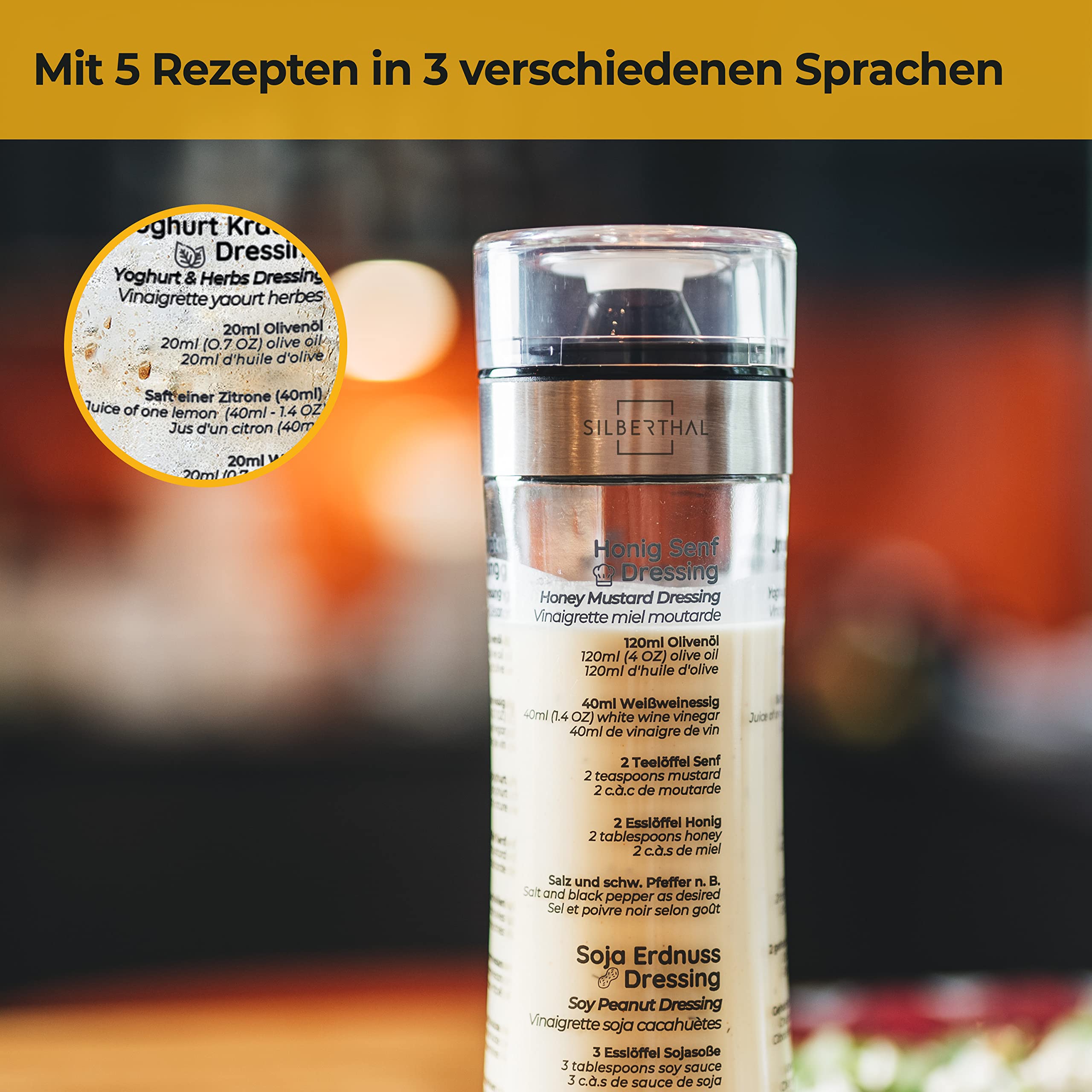 SILBERTHAL Dressingshaker aus Glas mit Rezepten – 500 ml – Spülmaschinenfest - Neuer Deckel & Neue Rezepte