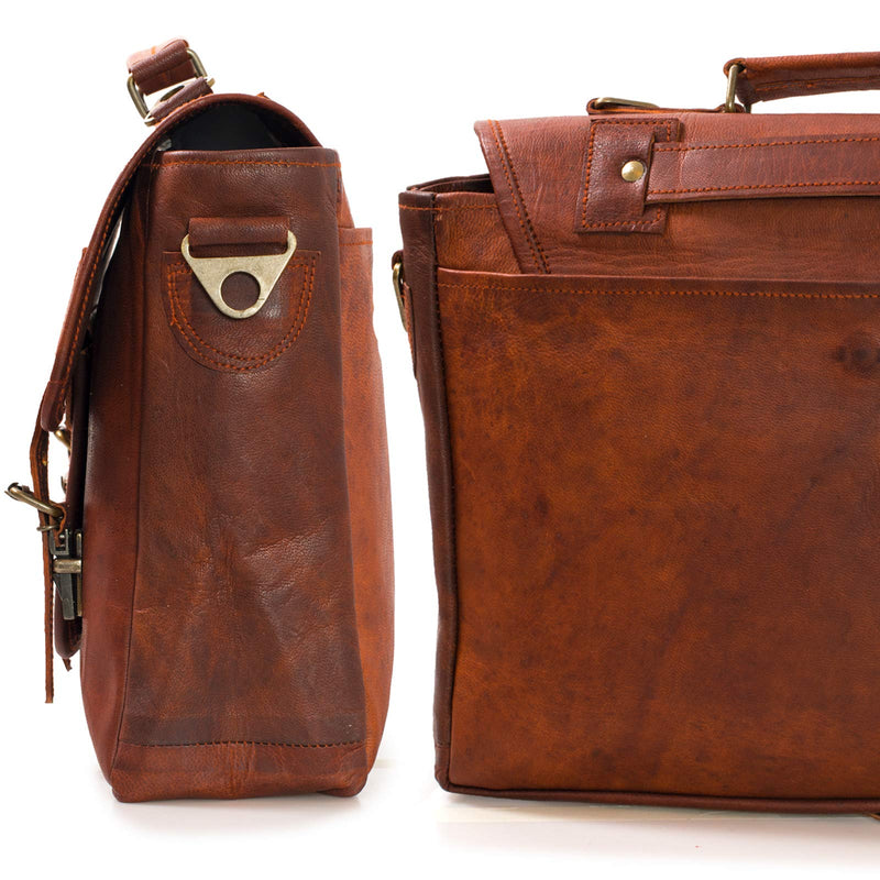 Nama Leather Lane 'Salvatore' Aktentasche Echtes Leder 13 Zoll Schultertasche Vintage Messenger Bag Umhängetasche Business Tasche Lehrertasche Laptoptasche Naturleder Braun