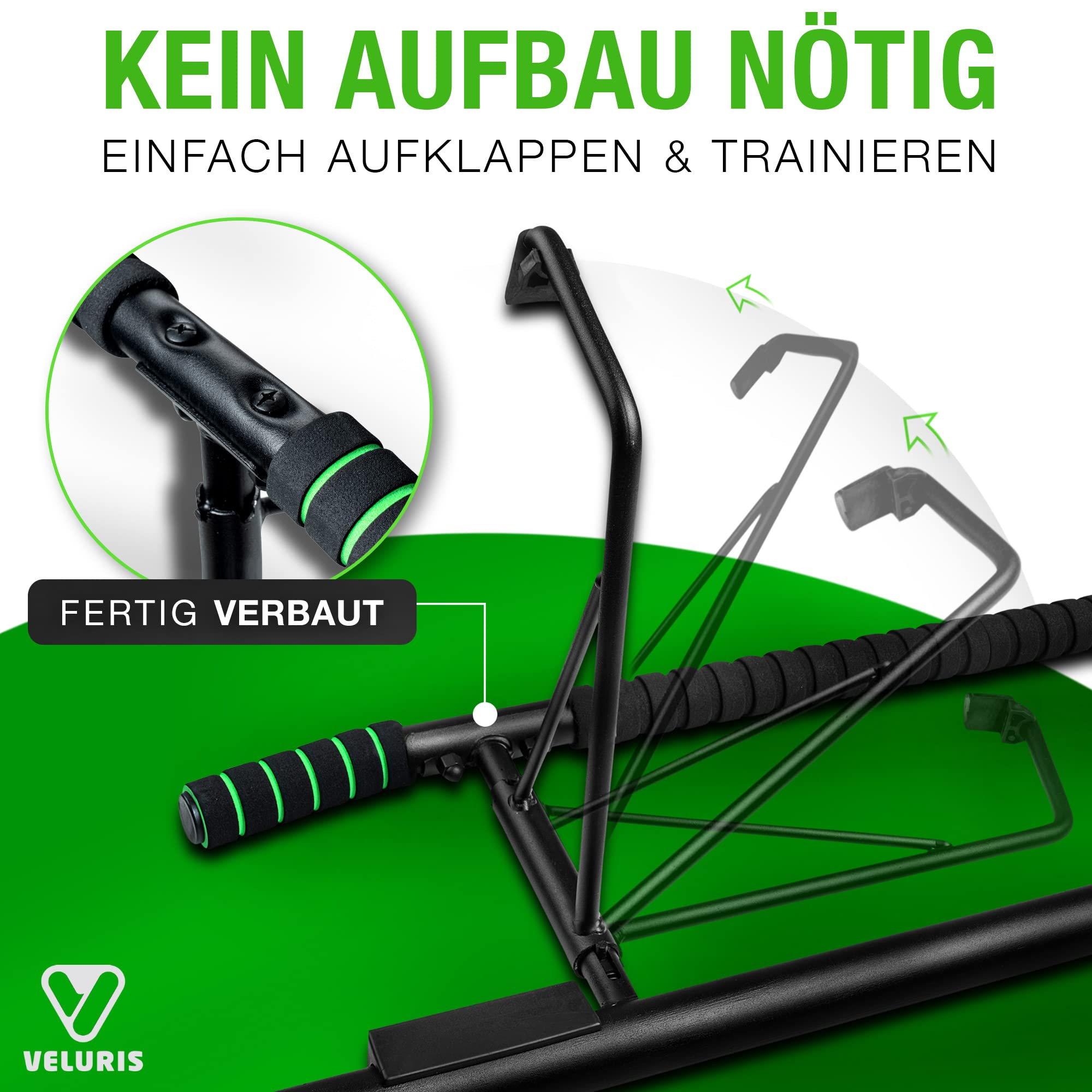 Veluris Klimmzugstange Türrahmen - Stark belastbare Pull up bar [bis 200 KG]- Türreck ohne Aufbau - 20 cm höher im Rahmen - Auch für Dips&Push Ups (abgerundet)