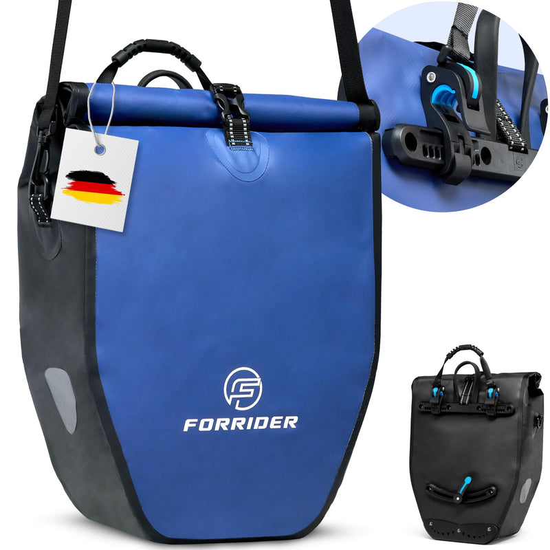 Forrider Fahrradtasche Wasserdicht für Gepäckträger [25L Volumen] mit Schultergurt | Gepäckträgertasche | Einzel | Fahrrad Tasche Packtasche hält an jedem Gepäckträger (Blau, Einzeltasche)