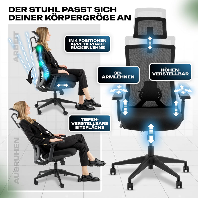 VALKENSTOL M3 Pro Bürostuhl Ergonomisch Schwarz – Schreibtischstuhl Bürostühle Ergonomischer Bürostuhl Drehstuhl Office Chair Ergonomic