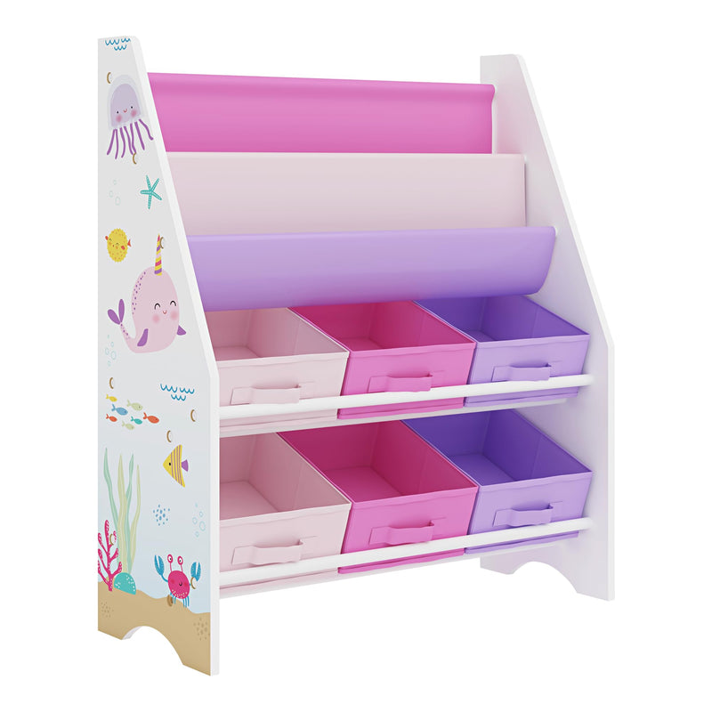 [en.casa] Kinderregal Ponteceso Bücherregal mit 2 Ablagefächern Spielzeugregal 6 Boxen Bücherkiste mit Ozean-Motiv Weiß Rosa Lila Kinderzimmer Organizer