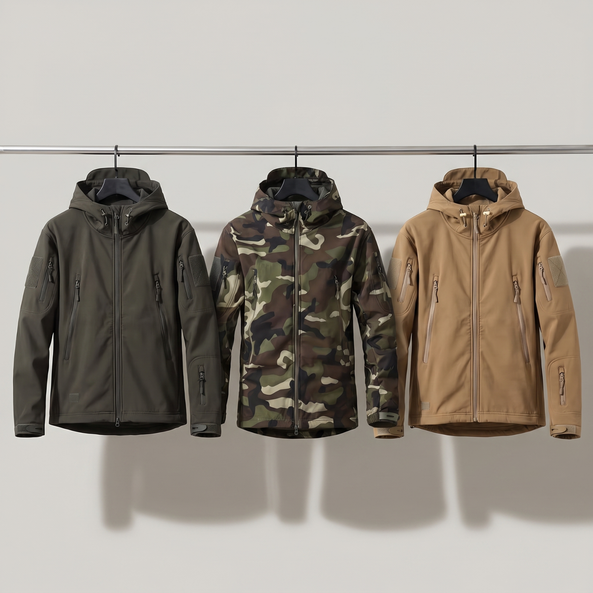 Herren Softshelljacke – Fleece-gefüttert, Kapuze, Militärstil