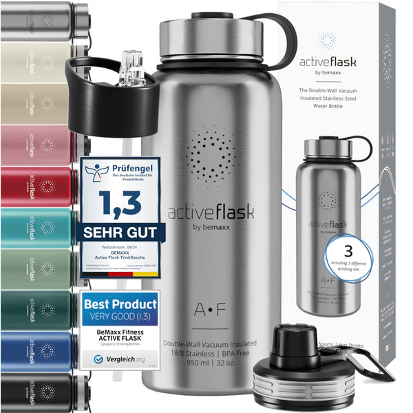 Trinkflasche Edelstahl ACTIVE FLASK + Strohhalm (3 Deckel) BPA-frei, Auslaufsicher, Kohlensäure geeignet - Wasserflasche Fahrrad Thermosflasche Isoliert Isolierflasche Sport Wasser Flasche Kinder Tee