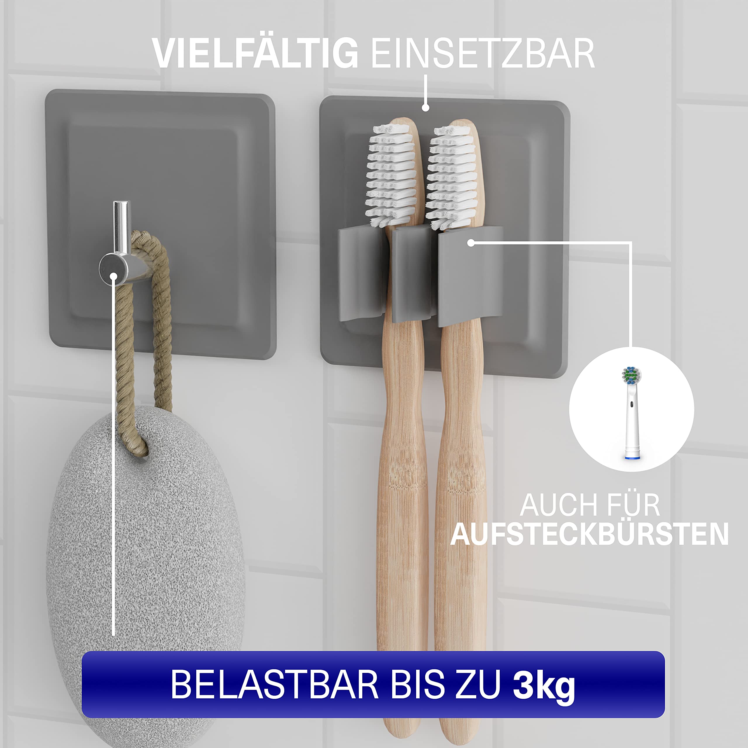 LOBUX® - 4in1 Badezimmer Halter Set selbstklebend [Soft-Touch Silikon], superfester Halt - Bad Organizer enthält: Rasierhalter, Zahnbürstenhalter, Haken, Neodym Magnet (hellgrau)