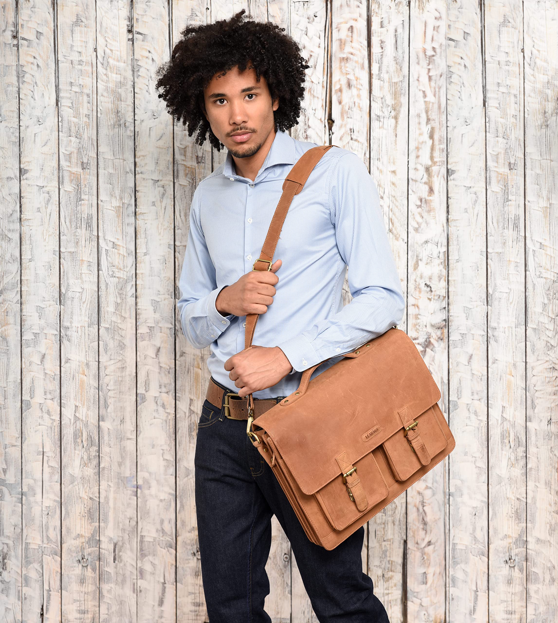 LEABAGS Leder Aktentasche Herren & Damen I Echtleder Laptoptasche bis 15 Zoll I Umhängetasche mit Schultergurt I Schultertasche I Messenger Bag I Arbeitstasche I Lehrertasche I Nature Hellbraun