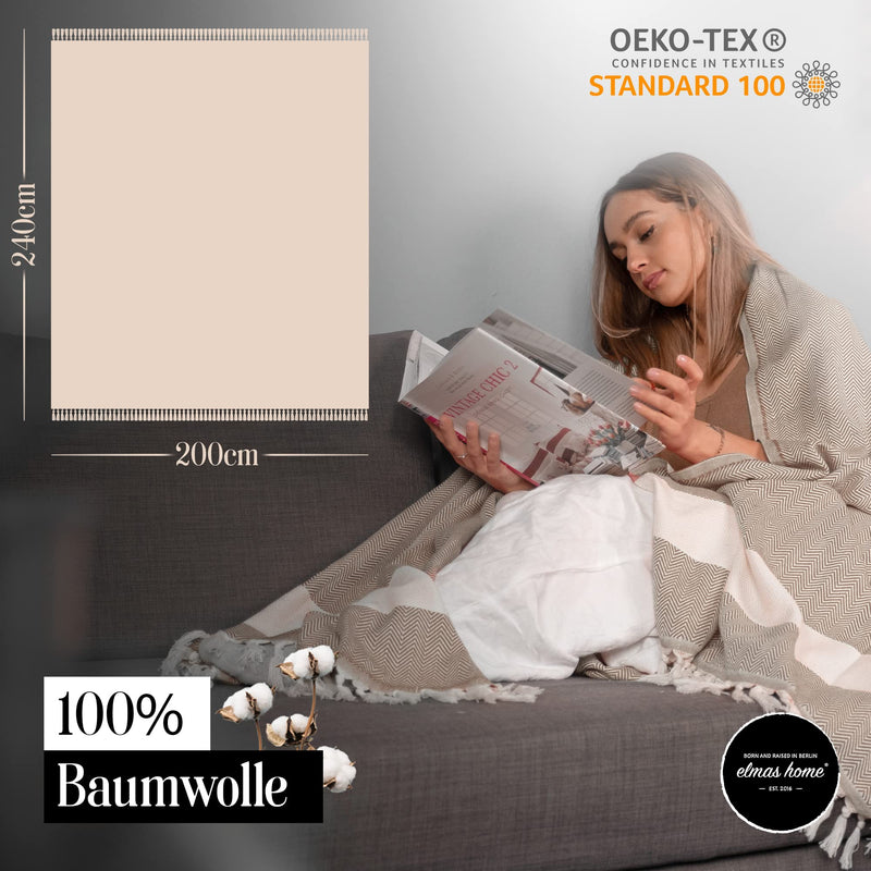 Elmas Home® Baumwolldecke 100% natürliche Baumwolle | 200x240cm XXL Tagesdecke | Premium Kuscheldecke als Sofaüberwurf, Wohndecke (Classic Diamond, Sand-Beige)