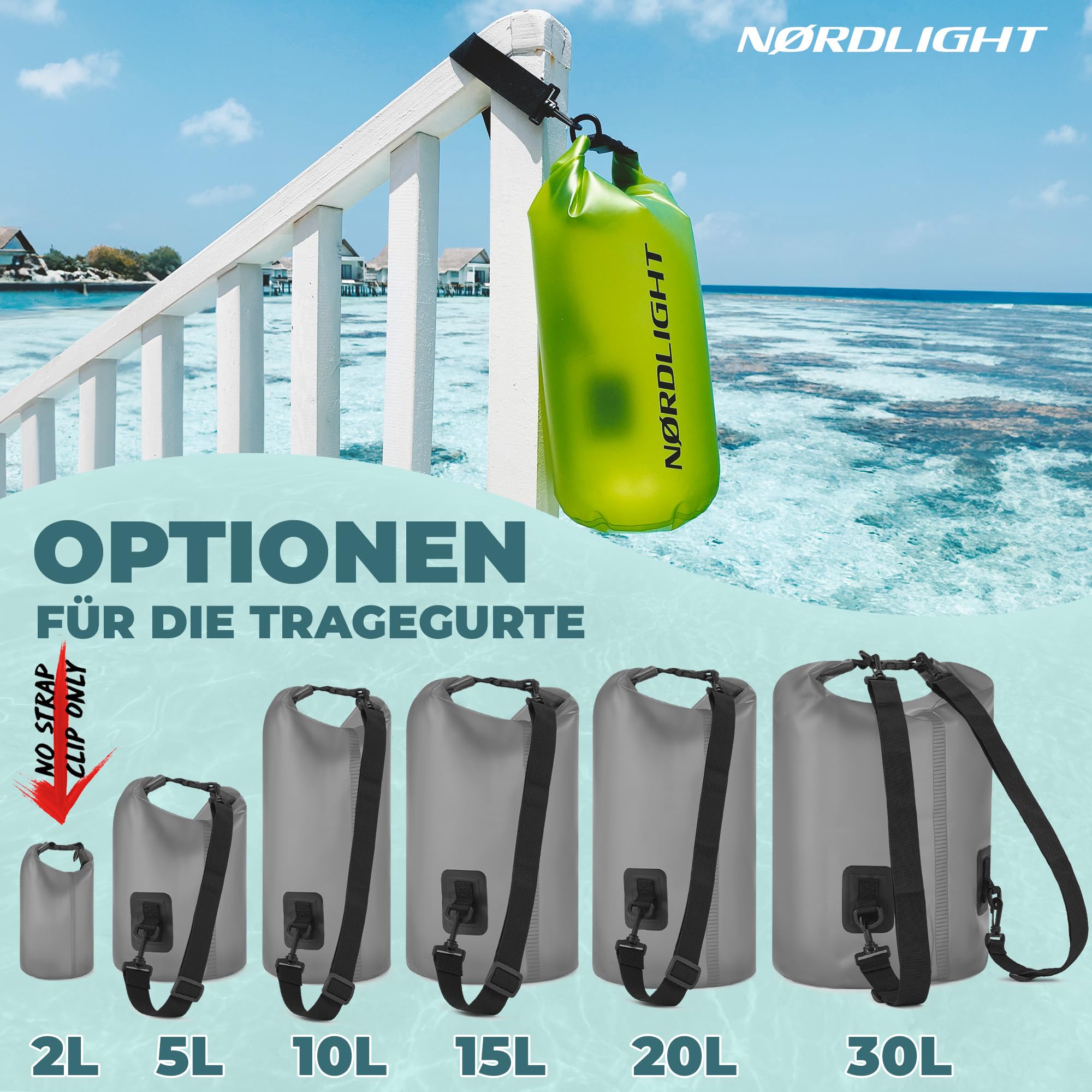 Nordlight wasserdichte Tasche 3er Set (Grau) - Dry Bag 10l + wasserdichte Handyhülle + wasserdichte Hüfttasche | IPX8 Schutz | Mit Verstellbaren Gurten Für Strand, Stand Up Paddling