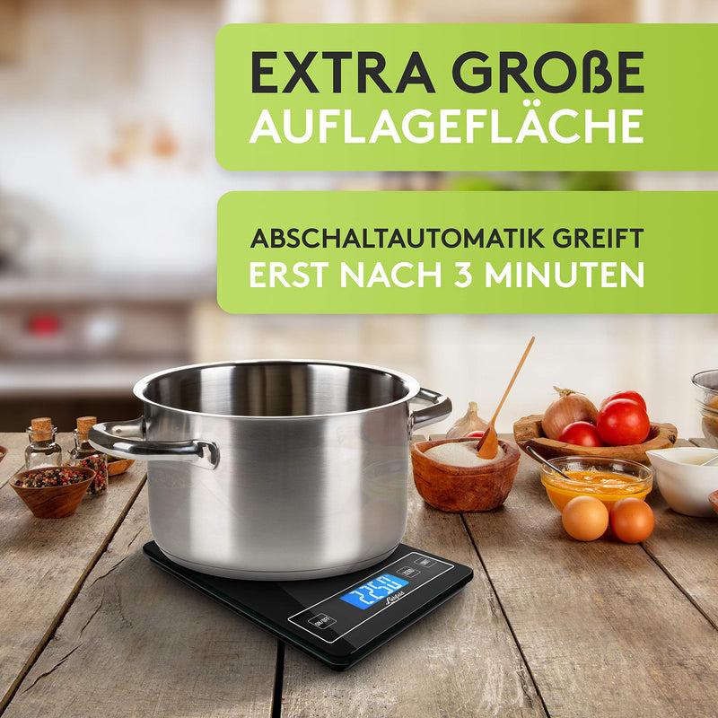 ﻿﻿Liebfeld Küchenwaage Digital - Präzise Waage aus Edelstahl u. Glas mit großer Wiegefläche bis 15kg - Beleuchtetes Display - Digitale Haushaltswaage inkl. 2 AA Batterien - Küchen Zubehör ﻿