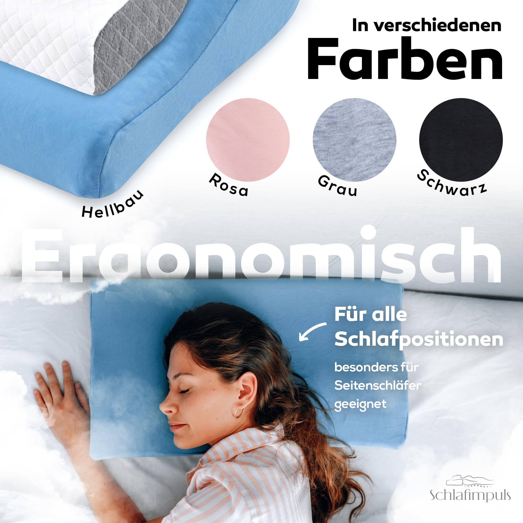 Schlafimpuls Ergonomisches Kopfkissen Nackenstützkissen | Orthopädisches Kopfkissen & Nackenkissen [Memory Foam] Seitenschläfer - mit extra Bezug - Farbe wählbar (Hellblau)