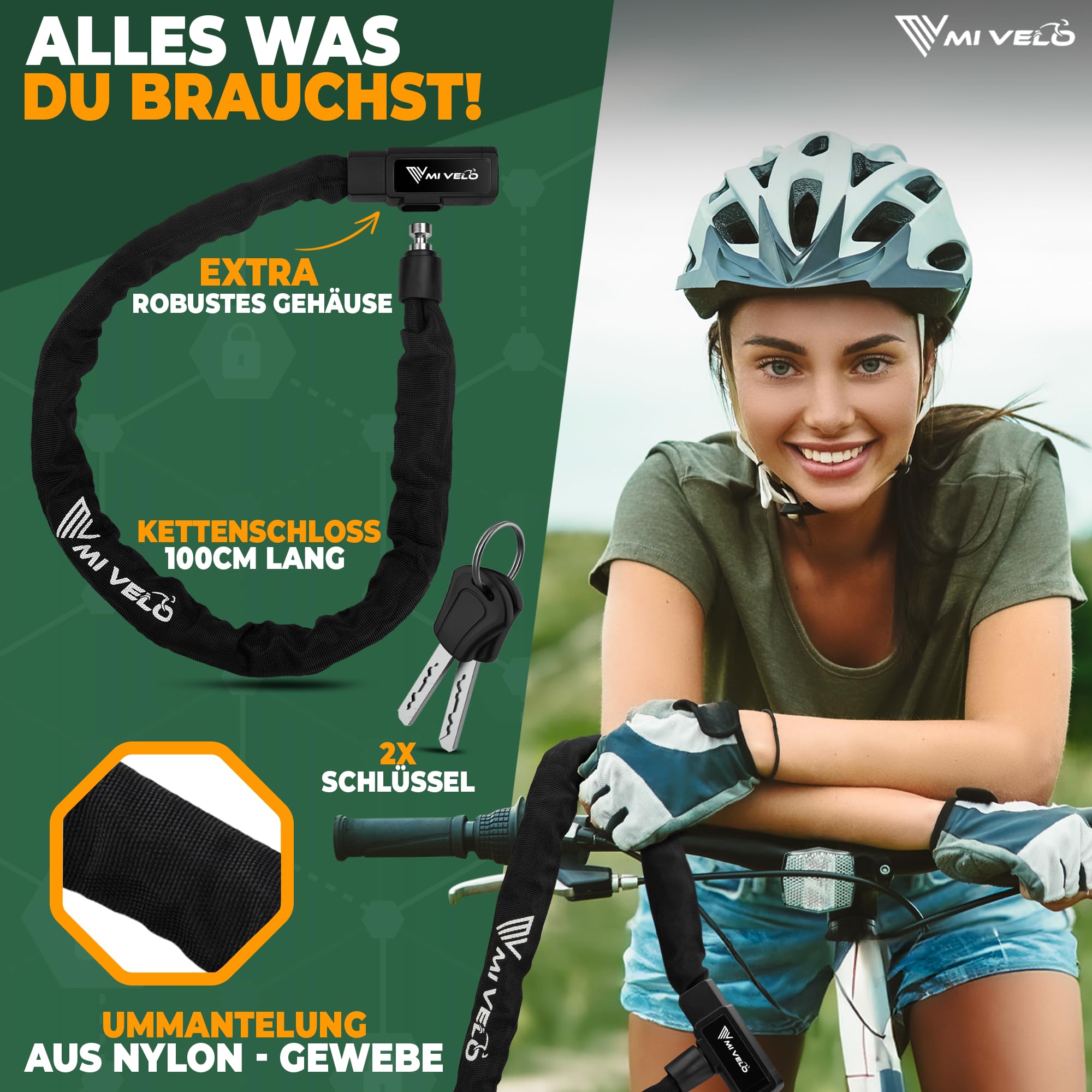 MIVELO Fahrradschloss Kettenschloss hohe Sicherheit 100cm lang I Fahrrad Schloss mit Schlüssel 8mm gehärteter Stahl I Ideal für E Bike, MTB & Rennrad I Bike Lock