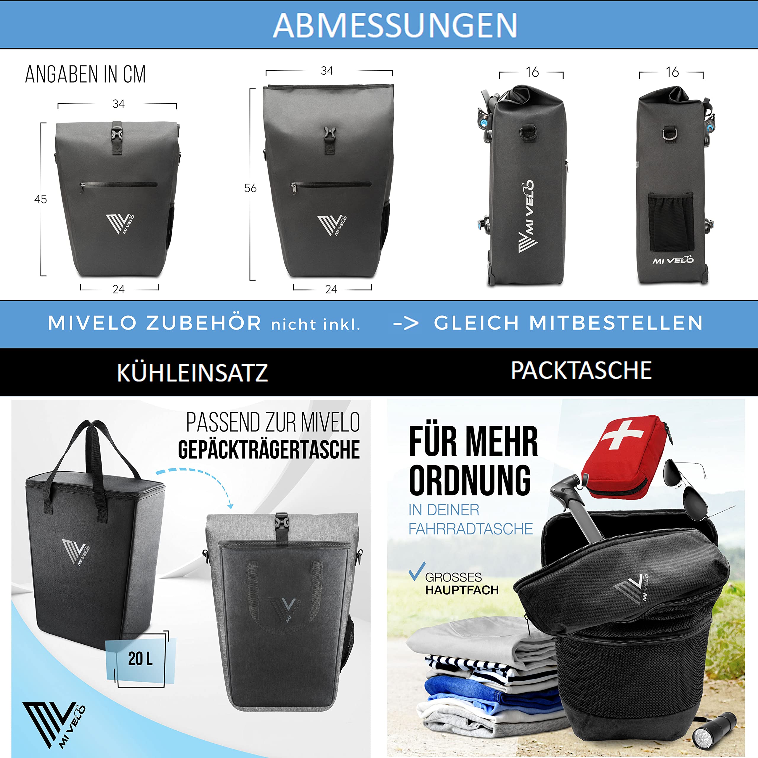 MIVELO 2in1 Fahrradtasche Gepäckträgertasche 100% wasserdicht + Laptopfach + Schloss – Fahrrad Tasche für Gepäckträger 1 STK (Carbon, 25L)