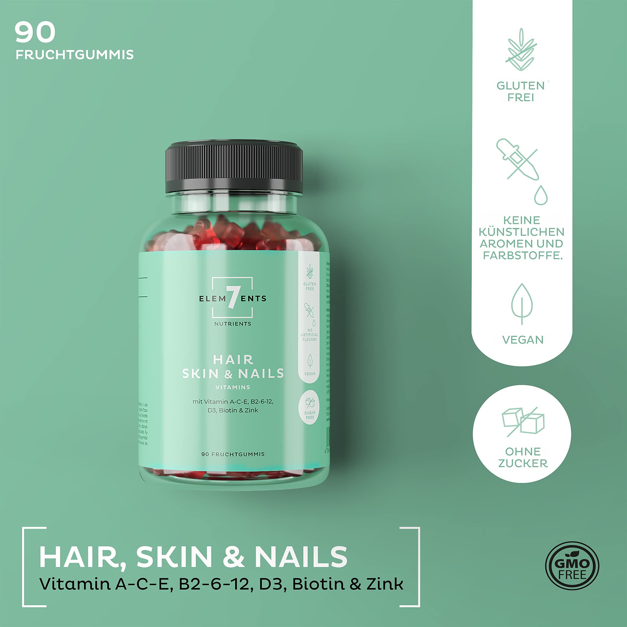 Hair Skin Nails Gummies Fruchtgummis zuckerfrei: Vitamin A C D E B2 Biotin Zink Haut Haare & Nägel | Vitamingums Frucht Gummi Bärchen Haarvitamine | Gummibärchen ohne Zucker| Vitamingummi vegan Gum