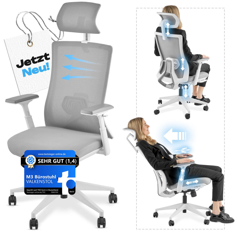 VALKENSTOL M3 Pro Ergonomischer Bürostuhl 150 kg Grau – [Höhenverstellbare Lordosenstütze] Schreibtischstuhl Bürostühle Bürostuhl Ergonomisch PC Stuhl Drehstuhl Office Chair Ergonomic Weiss