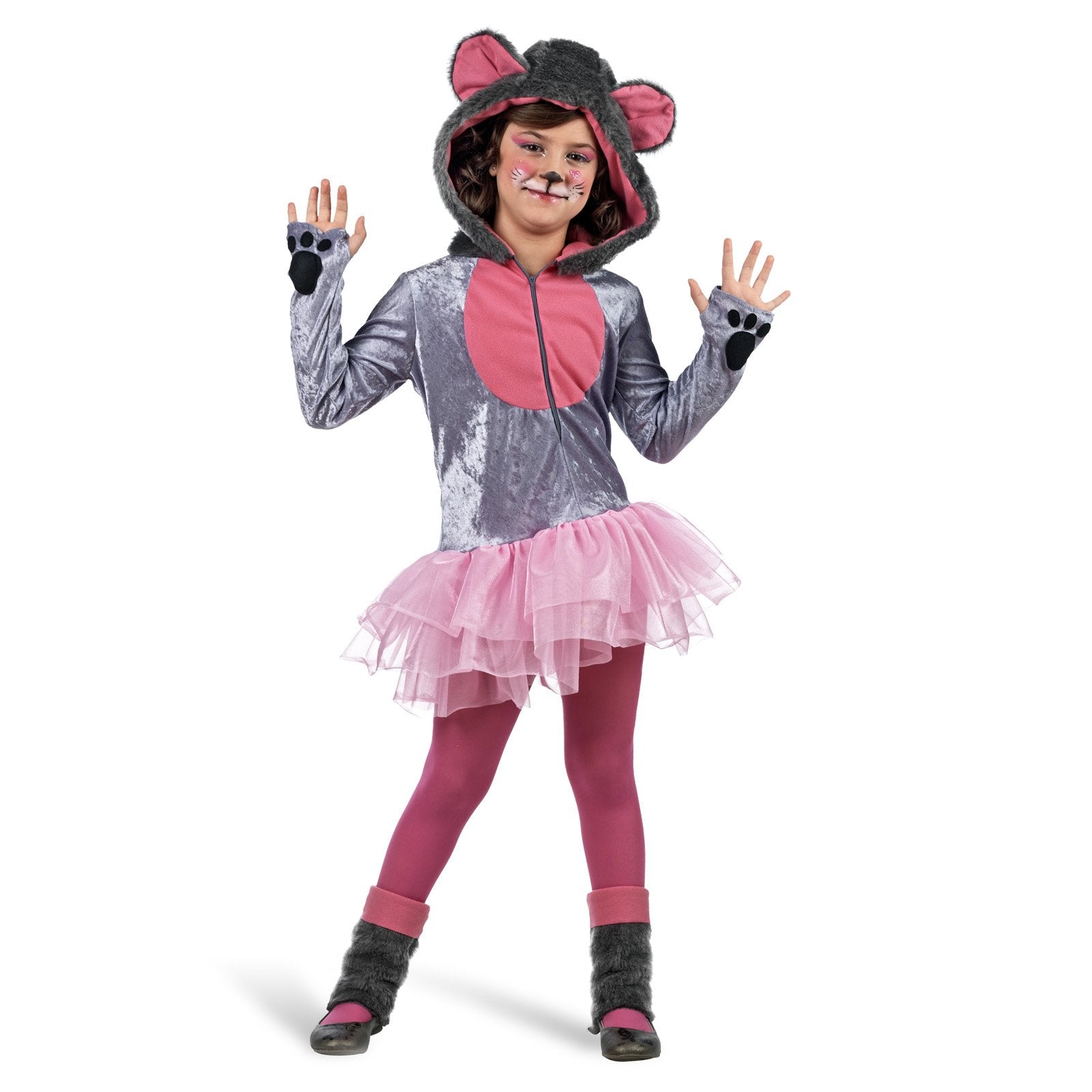 Elbenwald Karneval Tier Kinder Kostüm Mäuschen grau rosa Kostümkleid mit Kapuze und Ohren, Tatzen, Daumenlöchern, Stulpen - 11/13 Jahre