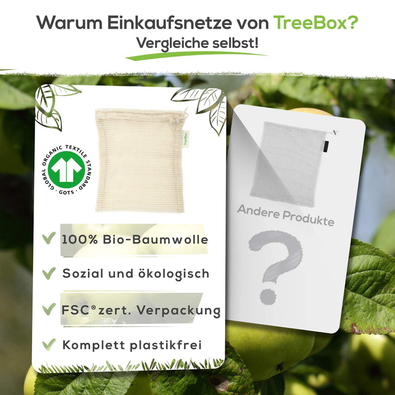 TreeBox Wiederverwendbare Obst- und Gemüsebeutel aus Baumwolle - 3er Set - Mit Gewichtsangabe - Überaus langlebig - Umweltfreundliche Einkaufsnetze