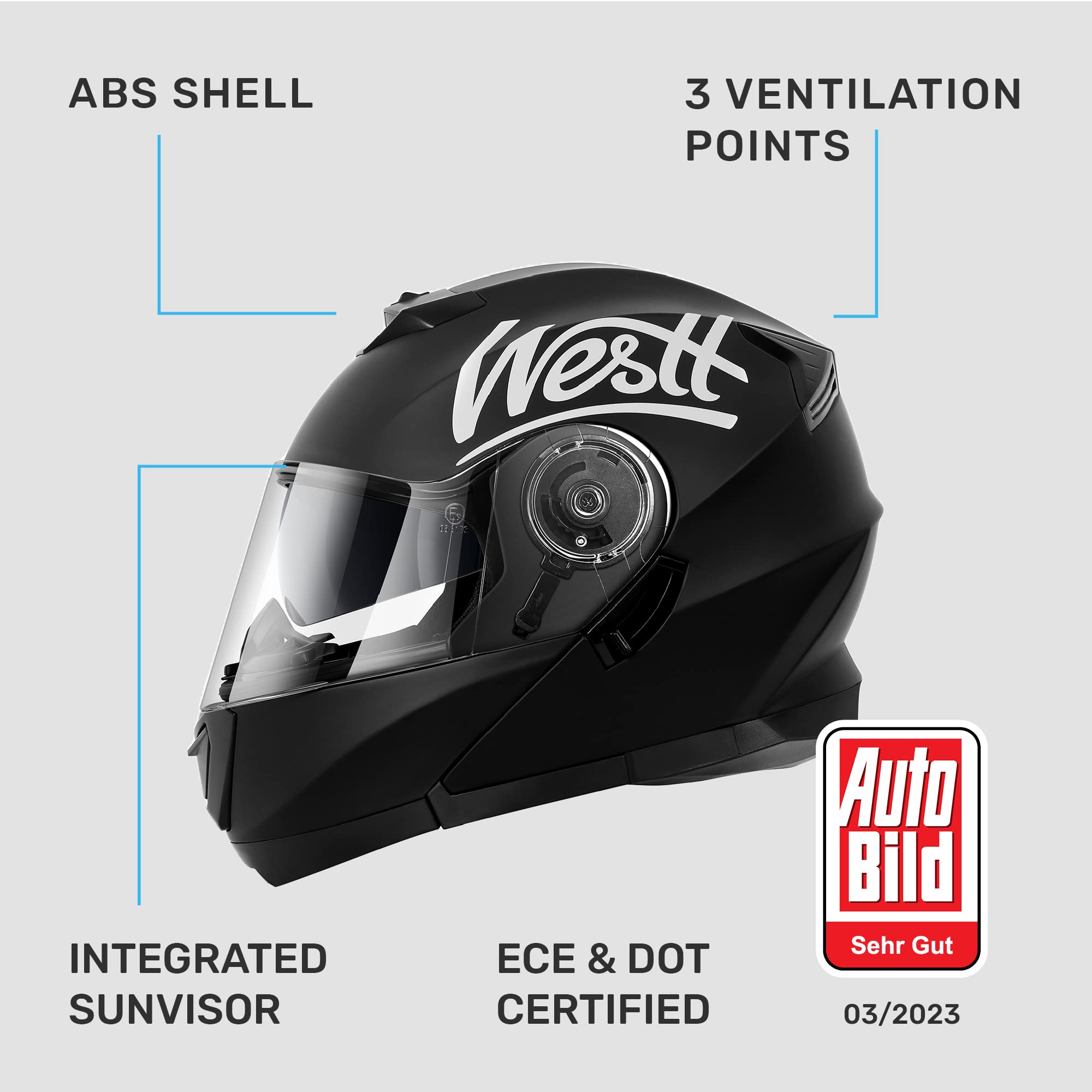 Westt Klapphelm Flip up Motorradhelm Integralhelm Herren Damen mit verstärktem Kinnschutz Chopper Moped Mofa Roller Modular Helm Motorrad mit ECE DOT Zertifizierung, schwarz, S (53-54 cm)