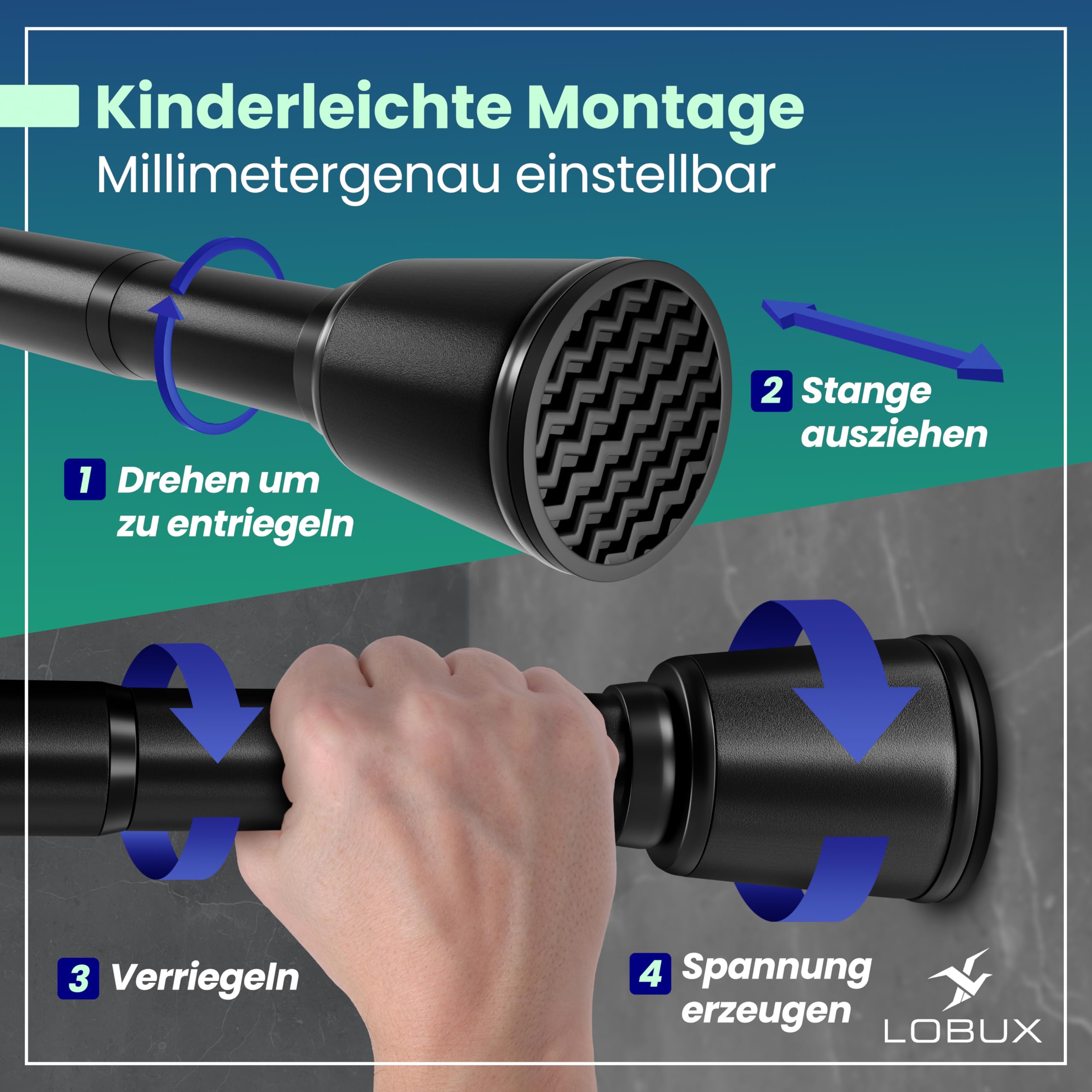 LOBUX® - Gardinenstange ohne bohren [schwarz, 110-250cm] – Teleskopstange Vorhang ausziehbar – Duschstange ohne bohren – Vorhangstange, Duschvorhangstange, Kleiderstange, Klemmstange Katzennetz