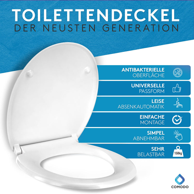 Comodo Toilettendeckel mit Absenkautomatik & Quick Release - Antibakterieller Klodeckel O Form - Universeller WC Sitz - Klobrille inkl. Montagezubehör