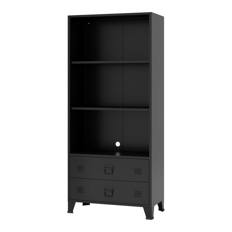 [en.casa] Bücherregal Hammarland Bücherschrank mit 2 Schubladen Schwarz Wohnzimmerschrank Metall Standregal mit Kabeldurchlass 180 x 80 x 40 cm