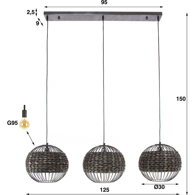 Rubjerg Design Hängeleuchte Kugel 3 Leuchten Wasserhyazinthe/Nickel schwarz