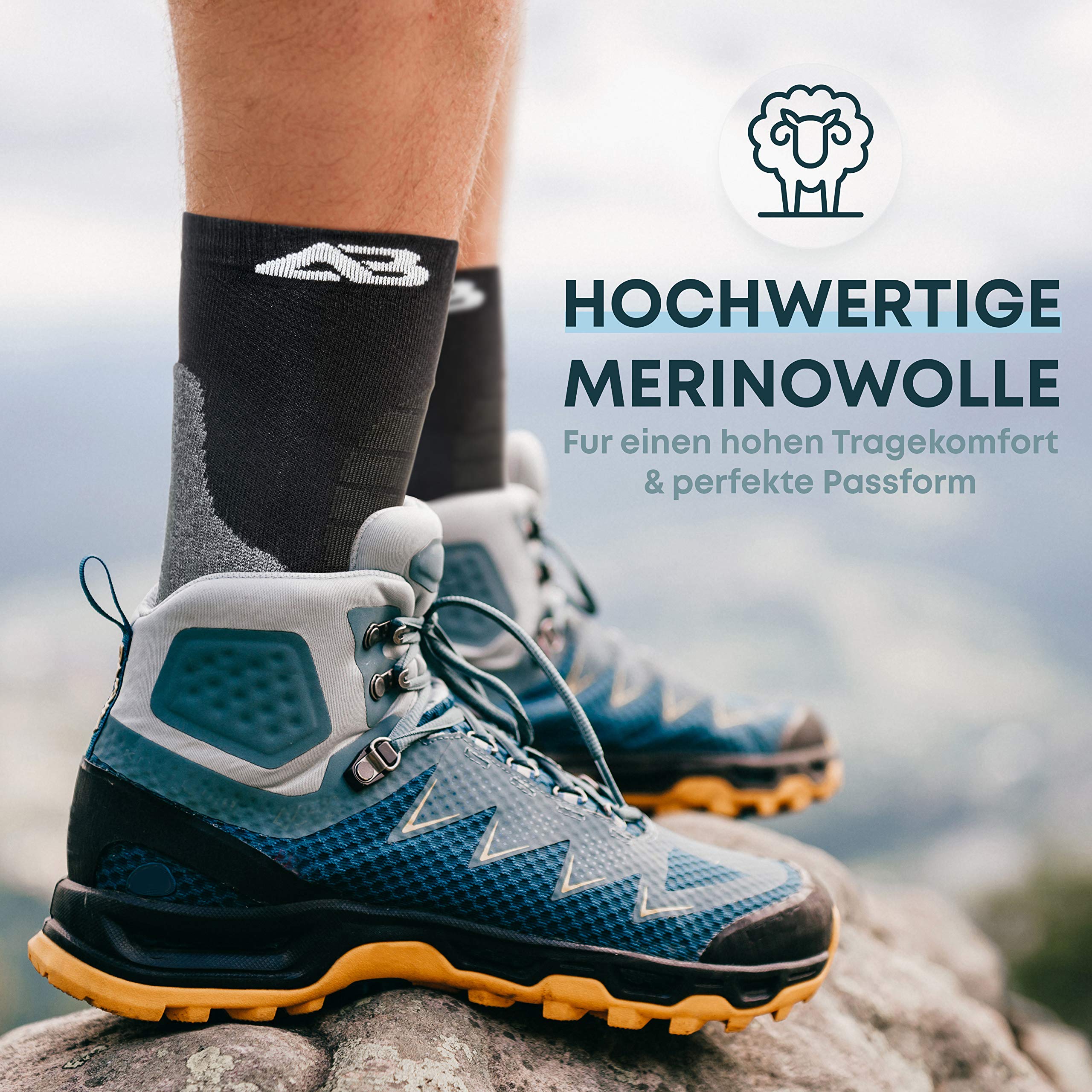 Alpen Bears Premium Wandersocken aus Merinowolle – [2 Paar] – Professionelle Trekkingsocken für Damen, Herren & Kinder, Grau/Schwarz, 39-42