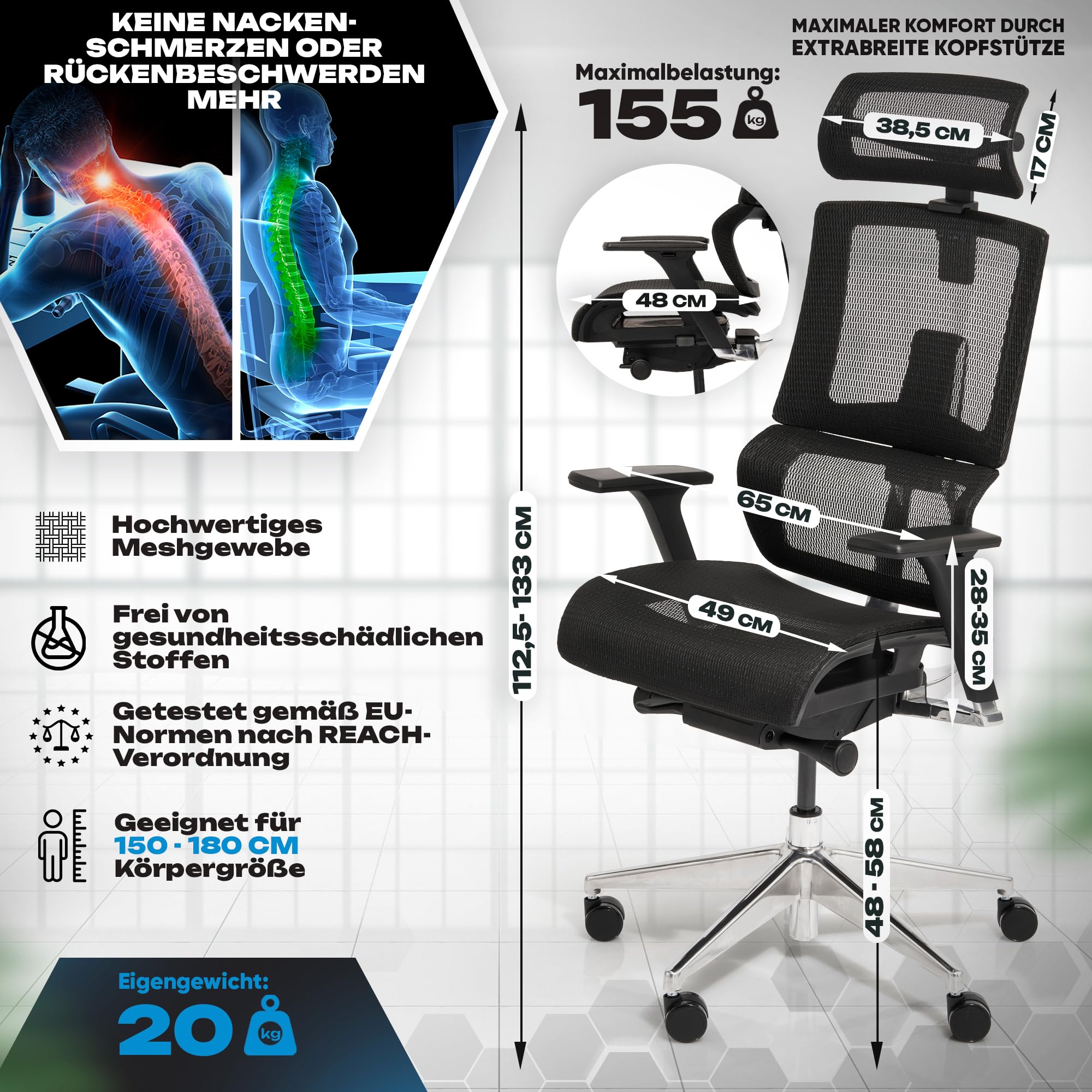 VALKENSTOL M7 Ergonomischer Bürostuhl [Adaptive Lordosenstütze] Chefsessel Bürostuhl Ergonomisch als Home Office Chair Ergonomic Chair Bürostühle Schreibtisch Stuhl Desk Chair