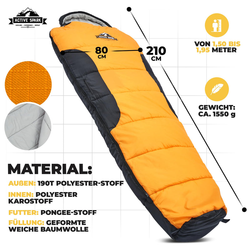 ACTIVE SPARK Schlafsack - wasserabweisend - Outdoor Sleeping Bag - Nie mehr kalte Füße Dank Taschenwärmer-Tasche - 0 Grad Komfort-Mumienschlafsack leicht, Warm, Camping,