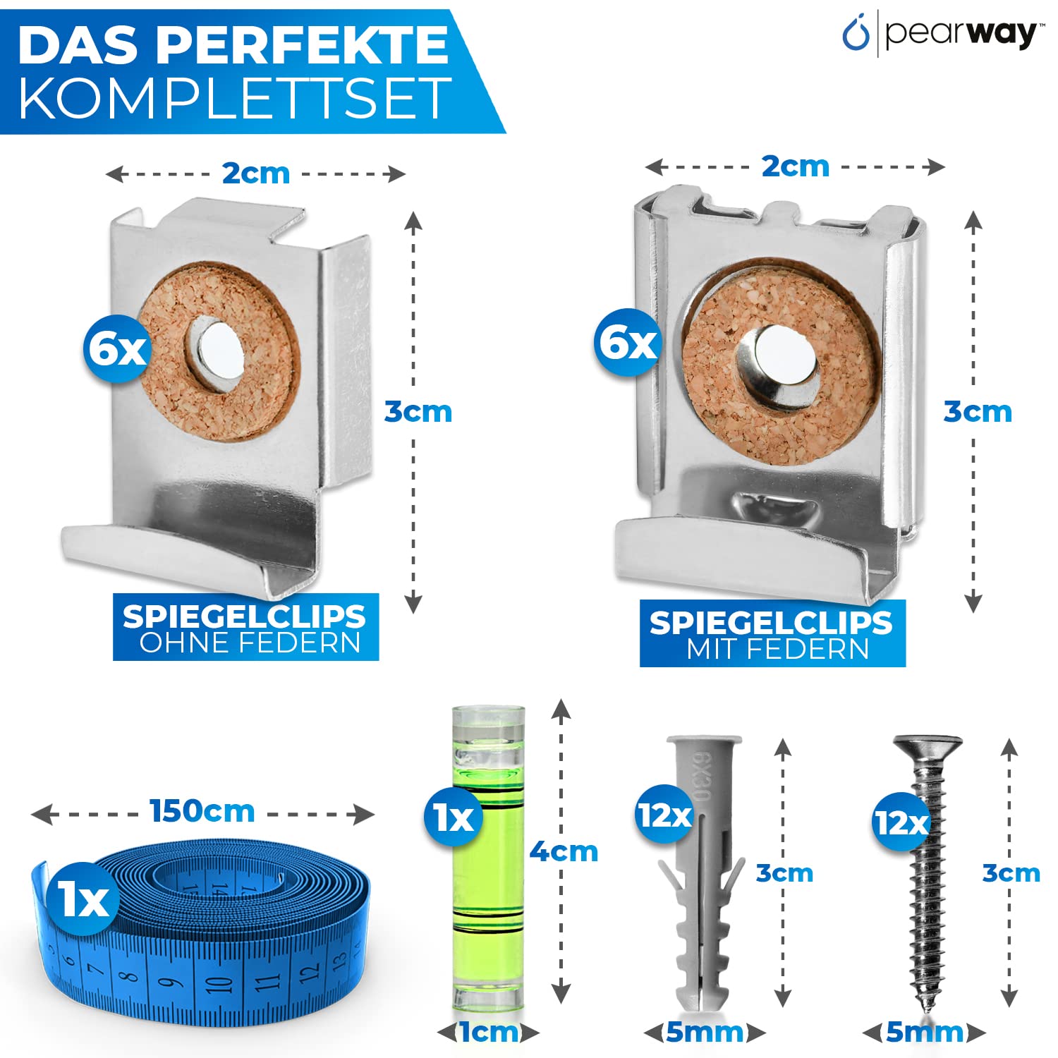 PEARWAY™ Profi Spiegelclips 12er Set inkl. Zubehör I Spiegelaufhängungen für rahmenlose Spiegel [4-6mm] I Ideal für schwere Spiegel dank hoher Tragfähigkeit I Spiegel Halterung Wand