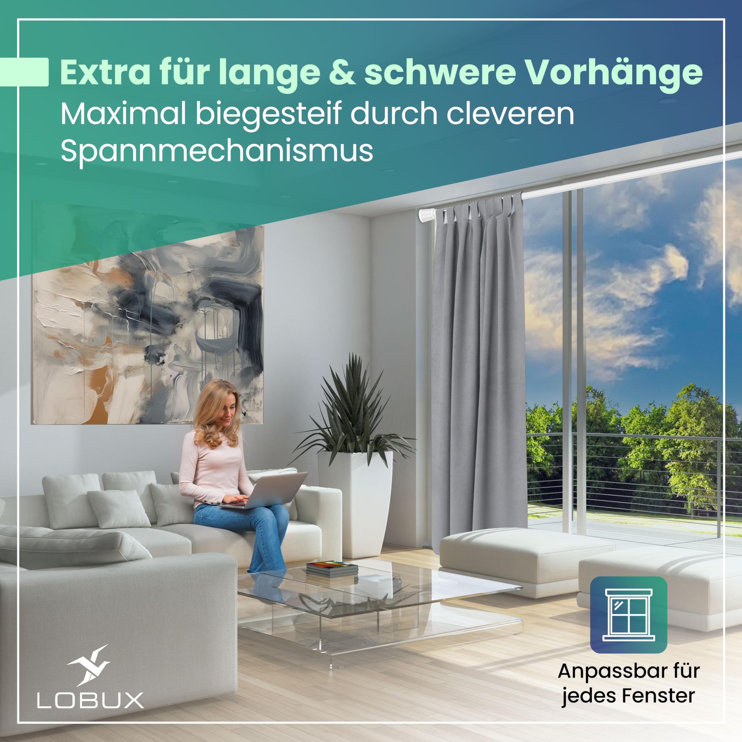 LOBUX® - Gardinenstange ohne bohren [weiß, 110-250cm] – Teleskopstange Vorhang ausziehbar – Duschstange ohne bohren – Vorhangstange, Duschvorhangstange, Kleiderstange, Klemmstange Katzennetz