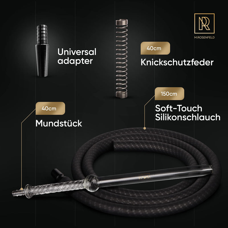 Shisha Schlauch mit Mundstück – 40cm Glasmundstück mit 150cm Soft Touch Silikonschlauch in Carbon Optik, Glas Shisha Schlauch Set