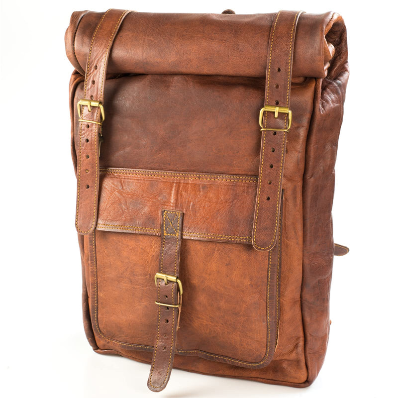 LEABAGS Ricardo Rolltop Rucksack für Damen und Herren aus echtem Leder im Vintage Look I Tagesrucksack I Daypack I 30x10x40cm