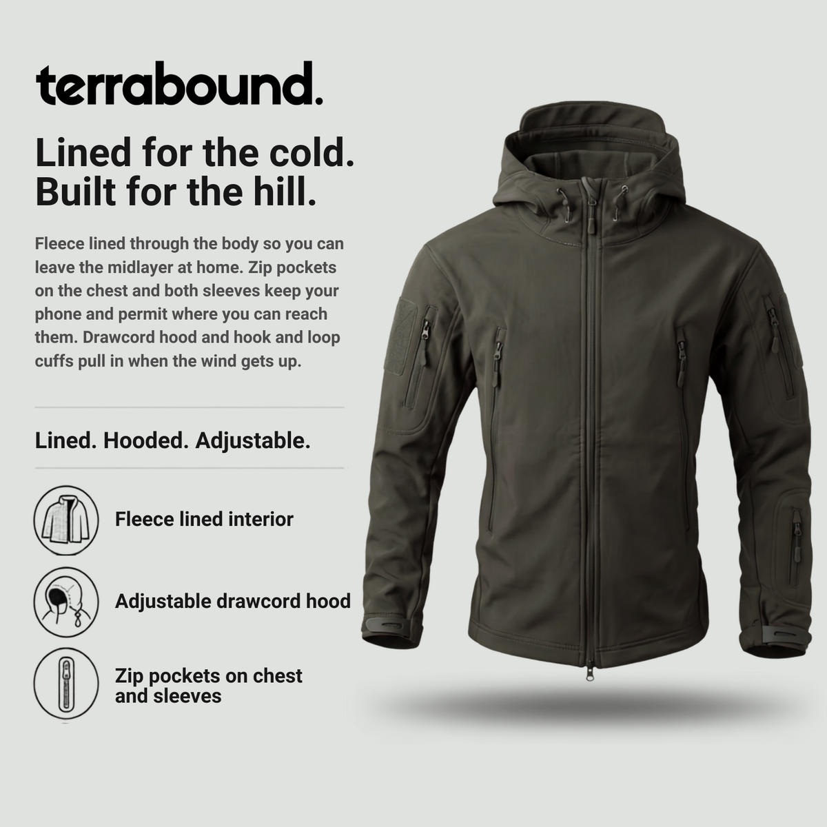 Herren Softshelljacke – Fleece-gefüttert, Kapuze, Militärstil