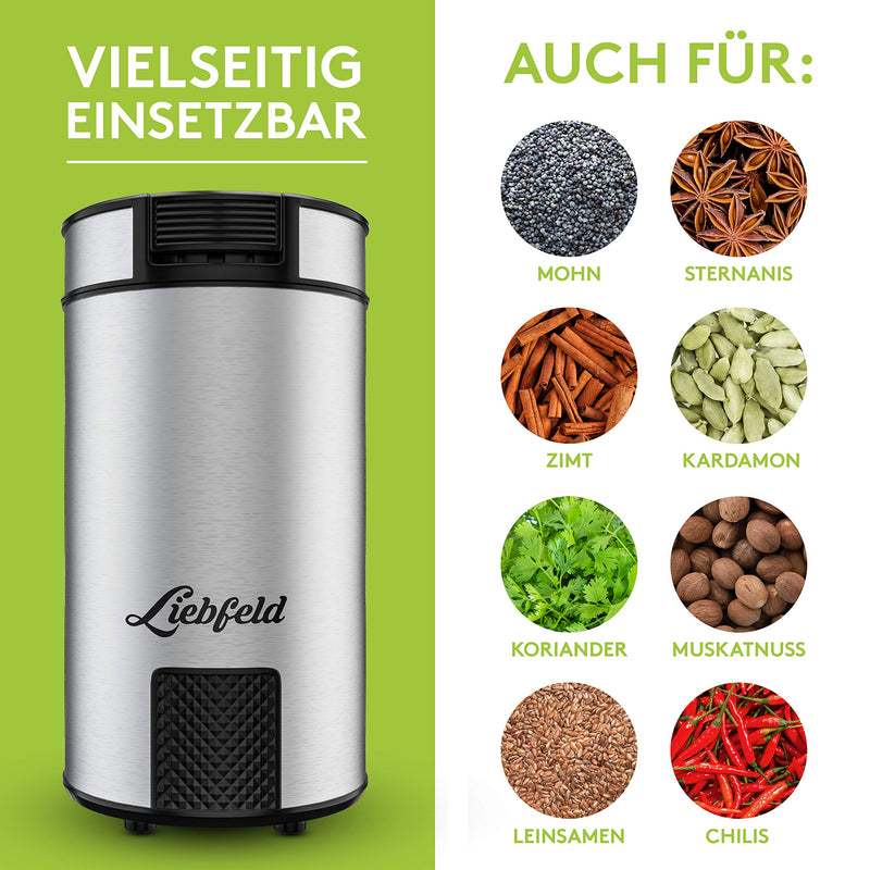 ﻿﻿Liebfeld Kaffeemühle Elektrisch aus Edelstahl - Coffee Grinder für Kaffee, Gewürze, Nüsse - Elektrische Kaffeemühle für bis zu 10 Tassen - Mahlgrad variabel - Espressomühle - Gewürzmühle