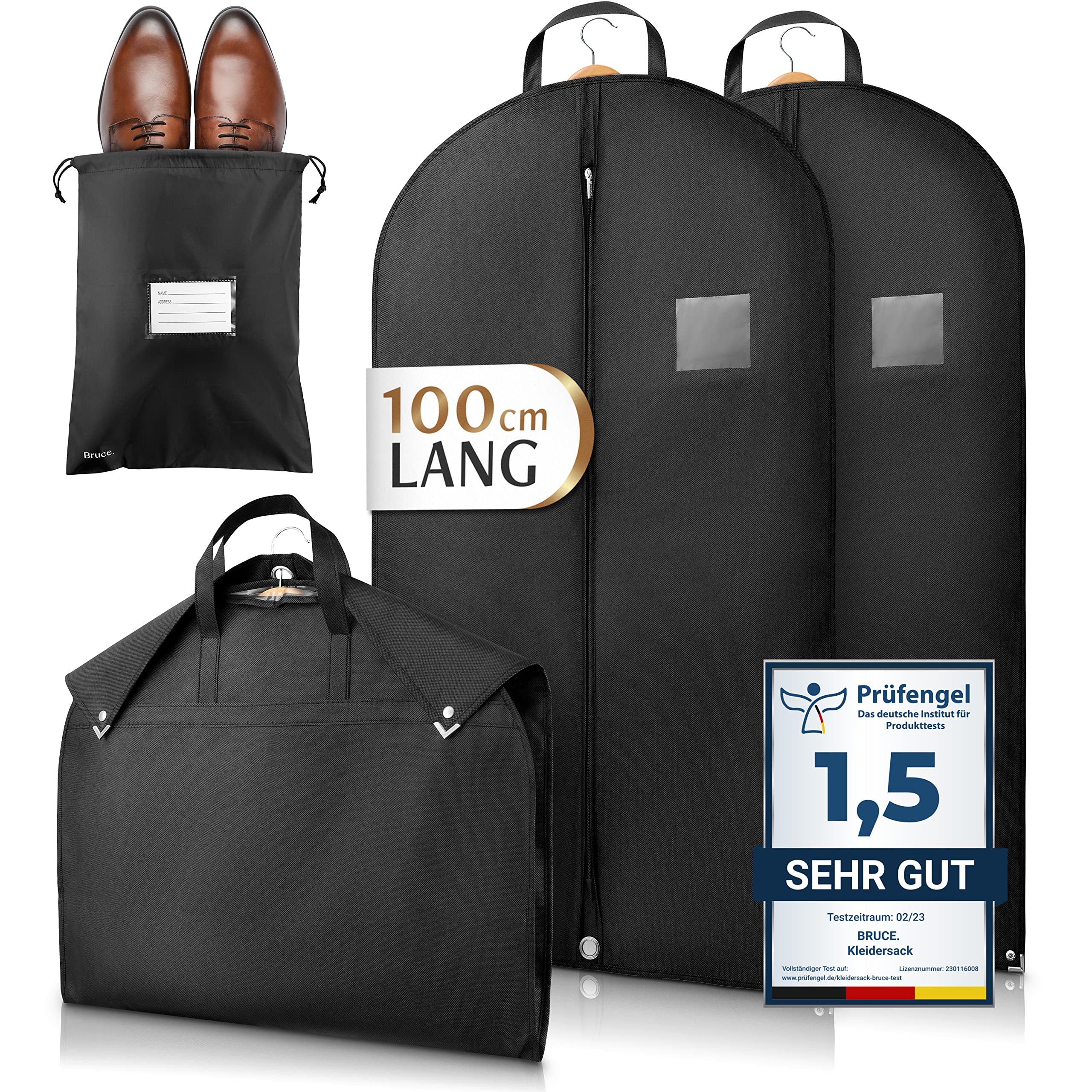 Bruce.® 2x Premium Kleidersack inkl. 1x Schuhbeutel I 100 x 60 cm I Optimierte Materialstärke von 120 GSM I Hochwertige Kleiderhülle für Anzug und Kleid I Atmungsaktive Anzugtasche für Reisen